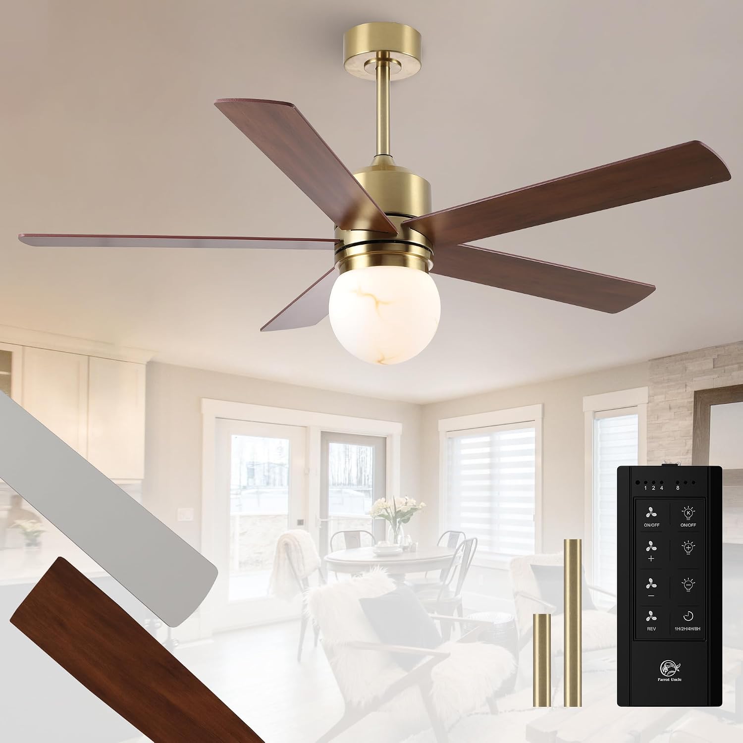 Parrot Uncle 52 Inch Ceiling Fan with Light and Remote, Modern Gold Ceiling Fan for Bedroom Living Room Kitchen, 6 Speeds, 3 CCT LED Light,Timing and Memory Function, 5 Blades