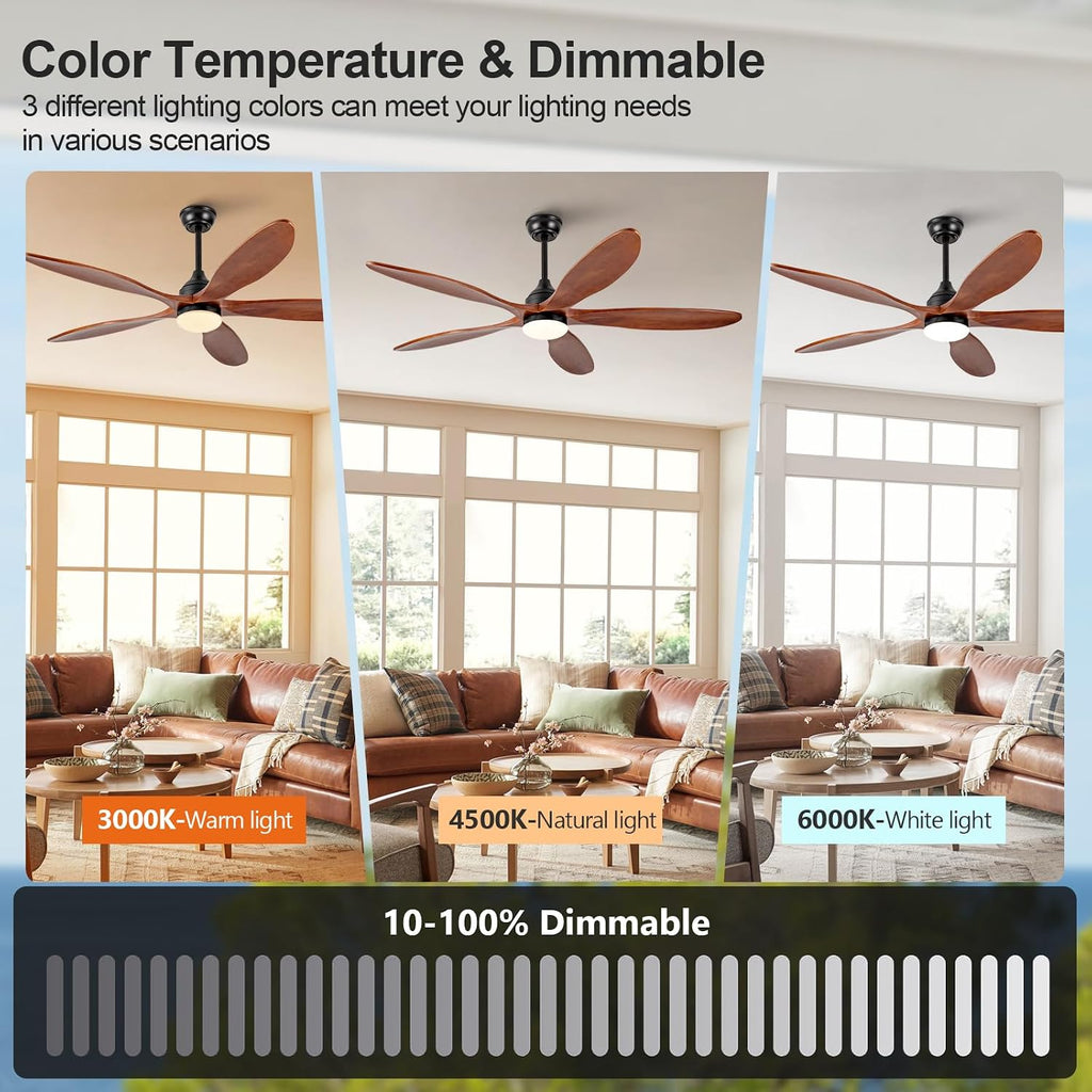OKDNEG 60 Inch Ceiling Fans with Lights and Remote, Black 5 Blade Outdoor Ceiling Fans,3CCT Dimmable,Timer,Quiet DC Motor,6 Speed,Indoor Outdoor Ceiling Fan for Offices Farmhouse Gazebo Patio