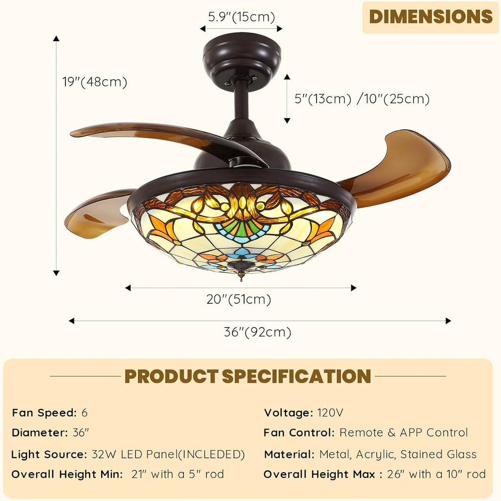 Siljoy 36' Tiffany Ceiling Fan with Lights, Stained Glass Ceiling Fan Vintage Ceiling Fan with Remote Control Dimmable Fandelier with 4 Retractable Reverse Blades for Bedroom, Living and Dining Room