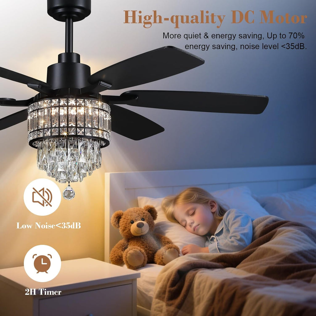 Kviflon 52 Inch Crystal Ceiling Fan with Lights, Black Fandelier Ceiling Fan with Light and Remote/APP Control, Modern Chandelier Ceiling Fan for Bedroom Living Room, Quiet DC Motor, Dimmable LED