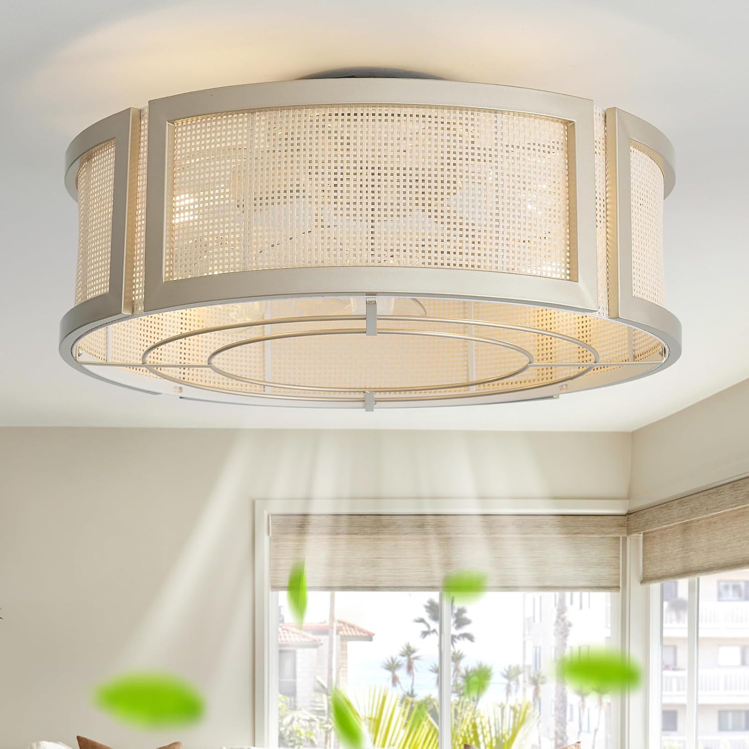 20' Boho Ceiling Fans with Lights, Rattan Flush Mount Ceiling Fan with Light Remote Control with Caged 6 Speeds for Bedroom, Nursery, Living Room (Gold)