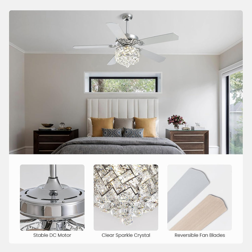 52' Crystal Ceiling Fan with Light Dimmable LED Chandelier Ceiling Fan Modern Reversible Fandelier Light Fixture with Remote for Bedroom Dining Room Living Room Chrome
