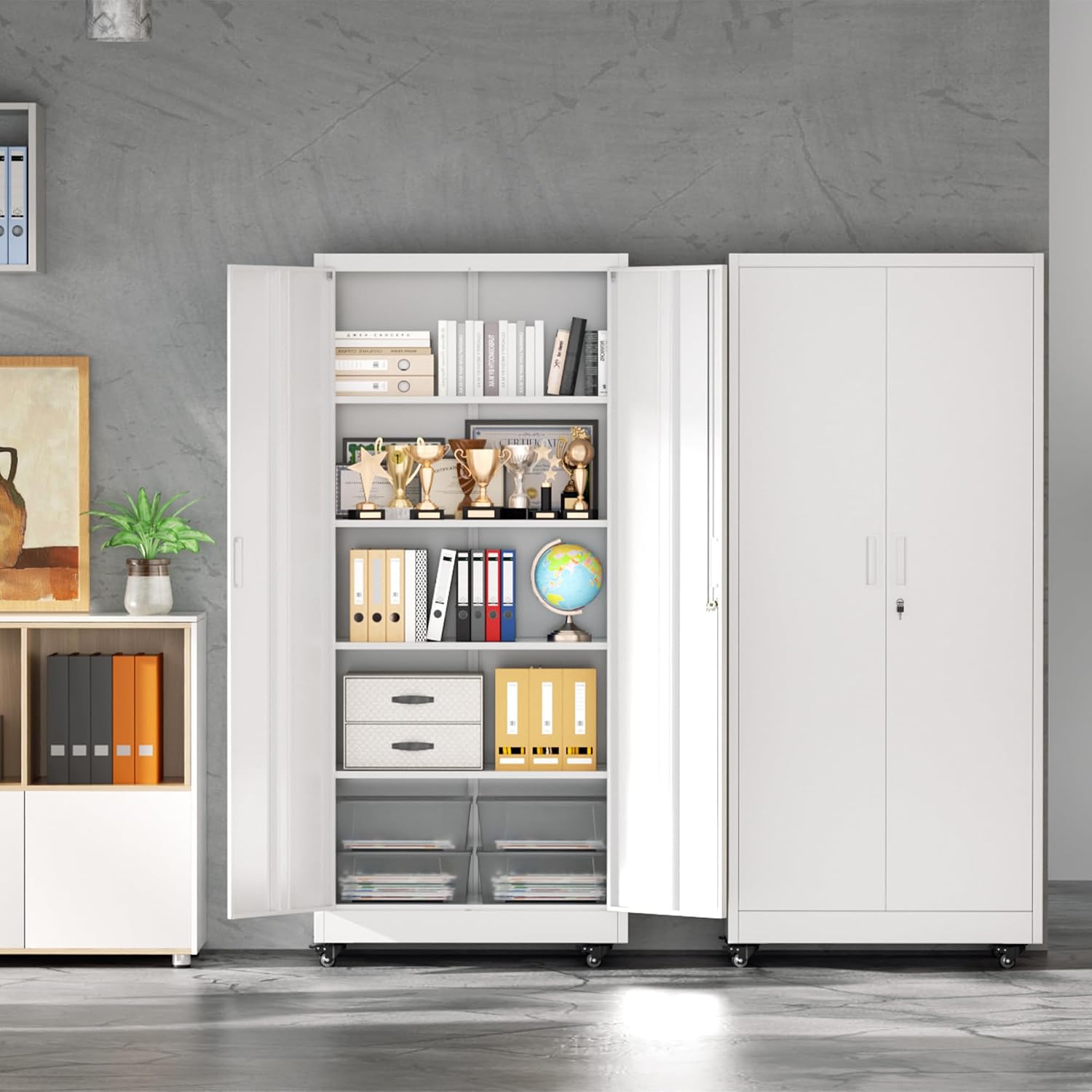 INTERGREAT Metal Storage Cabinet with Wheels, 73' Garage Storage Cabinet with Door and 4 Shelves, Tool Cabinet on Caster for Home, Office, White