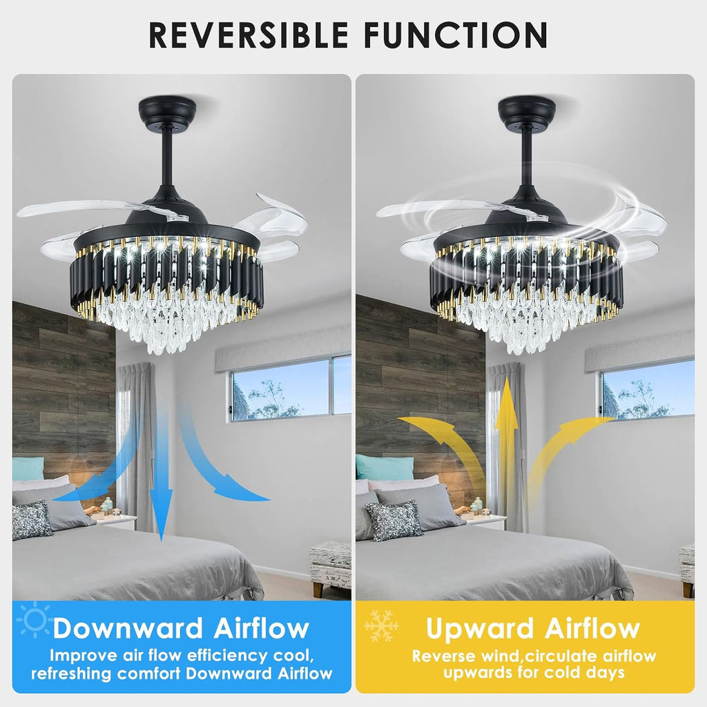 42' Black Ceiling Fan with Lights and Remote, Dimmable LED Fan Light, 4-Blade Modern Fandelier, Quiet Reversible Motor, 6 Speeds Timer, PC Blades for Bedroom Living Room Kitchen Dining Room