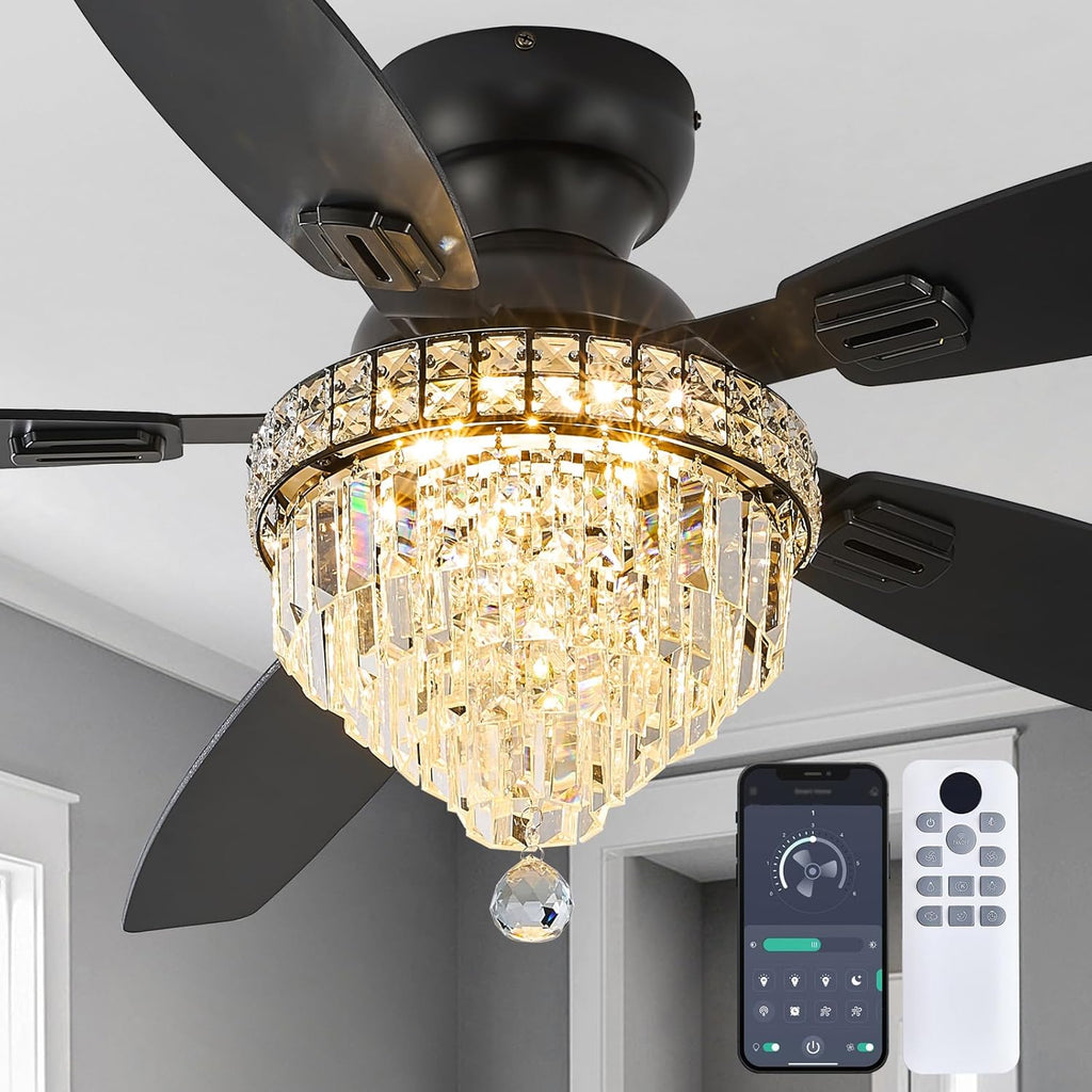 Crystal Ceiling Fan Fandelier with Lights-Ceiling Fans with Lights,54' Low Profile and Remote Control, Flush Mount, Reversible, Dimmable, Noiseless, Black Ceiling Fan for Bedroom
