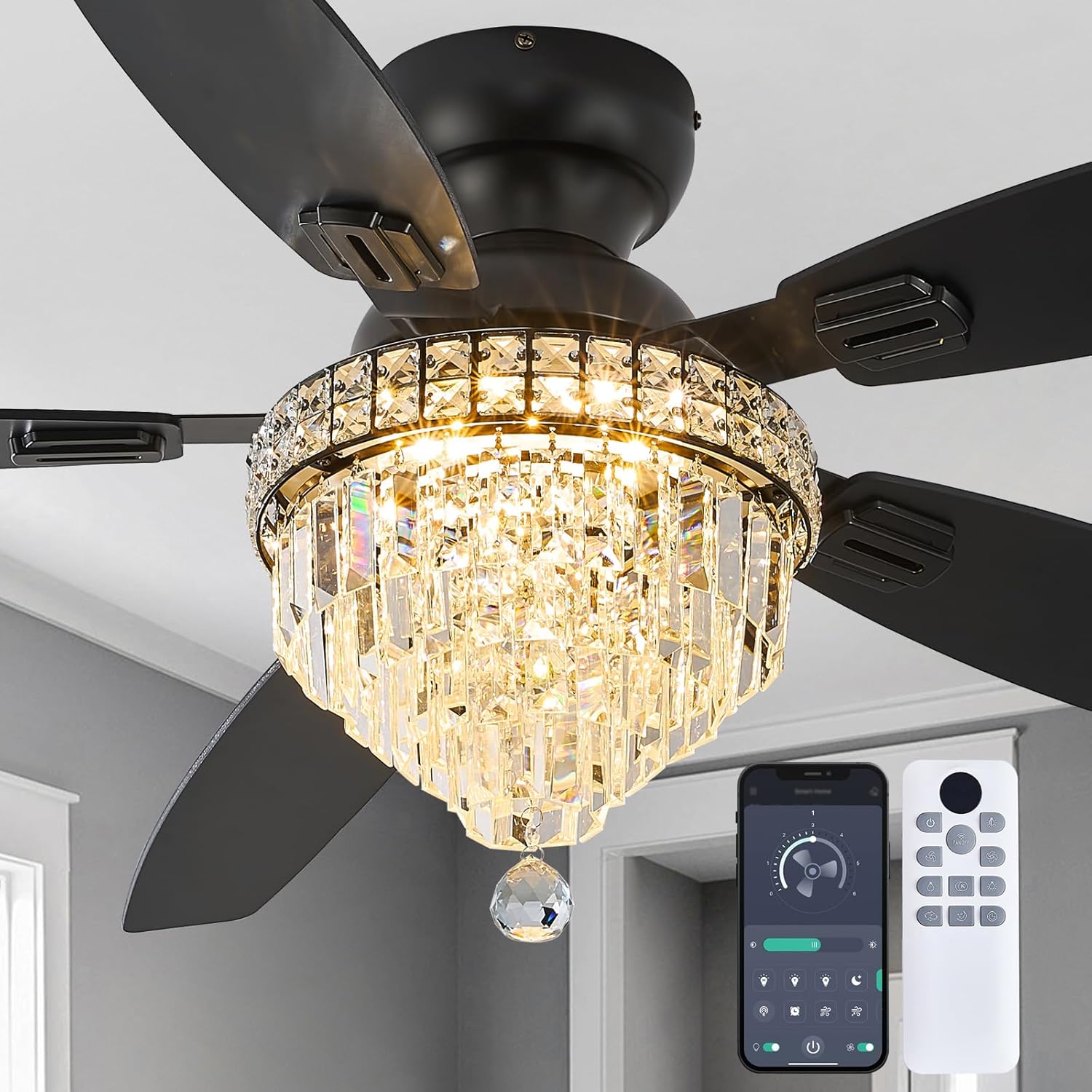 Crystal Ceiling Fan Fandelier with Lights-Ceiling Fans with Lights,54' Low Profile and Remote Control, Flush Mount, Reversible, Dimmable, Noiseless, Black Ceiling Fan for Bedroom