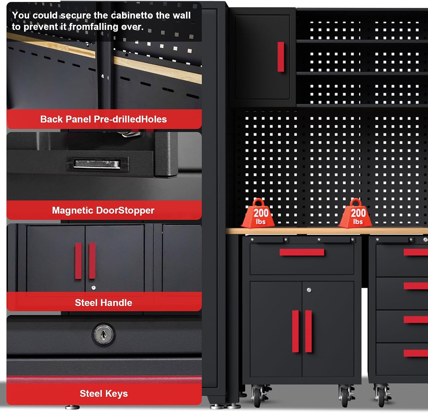 24Pcs Garage Cabinet Storage System, Heavy Duty Workshop Set Includes Workbench, Pegboard & Lockable Drawers Metal Tool Organization System for Garage Workshop