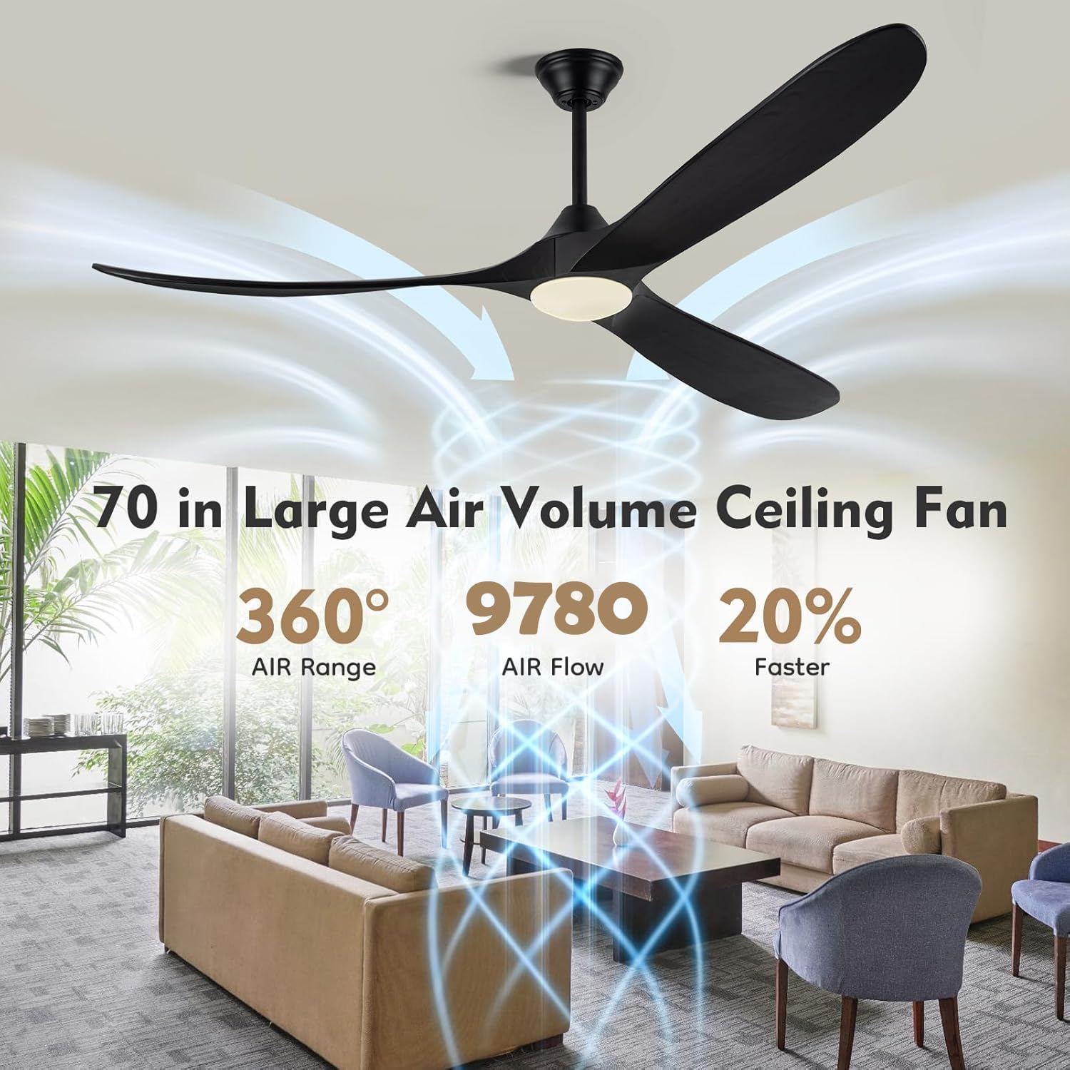 70 Inch Black Outdoor Ceiling Fan with Lights, Damp Rated for Patio Porch, High CFM Quiet DC Motor, 3 Solid Wood Propeller Blades, Modern Rustic Farmhouse Style, for Large Living Room Commercial Use