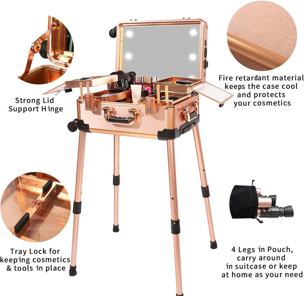 Medium Makeup Train Case with Code Lock, Lighted Mirror, Speaker Travel Cosmetic Organizer Box, Professional Artist Trolley Studio Free Standing Case