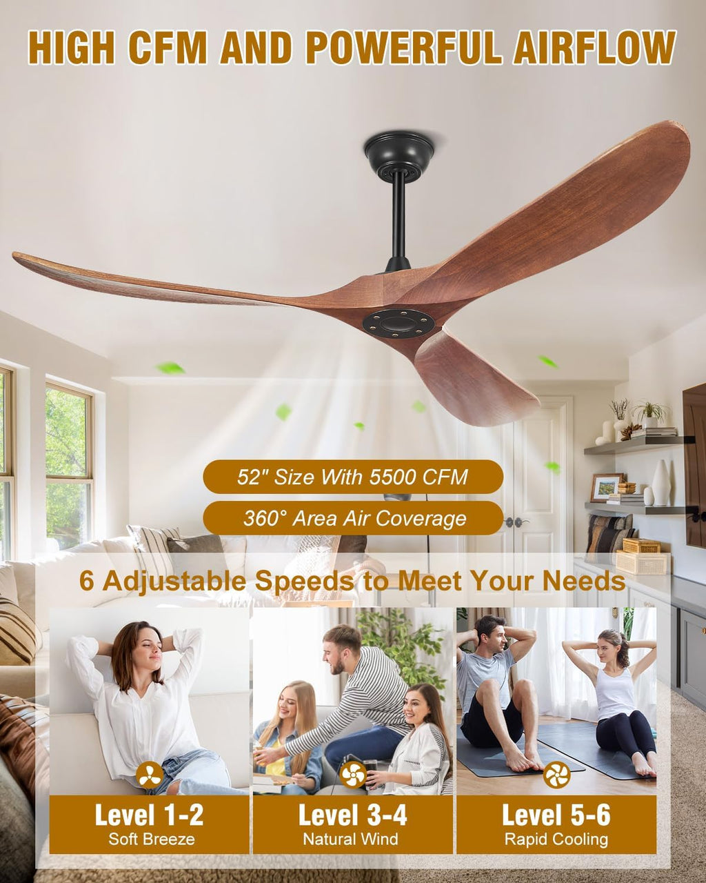 52 Inch Ceiling Fans Without Lights, Indoor/Outdoor Ceiling Fan No Light, 3 Solid Wood Blades, 3 Downrods, Timer, Quiet DC Motor, 6 Speeds Modern Fans with Remote for Patios Bedroom, Dark Walnut