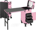 Portable Manicure Table 3 Drawers, Rolling Lockable Makeup Train Case with Blueteeth Speaker and Nail Polish Organizer, Foldable Nail Desk with Mirror & TSA Lock for Nail Tech and Salon Use