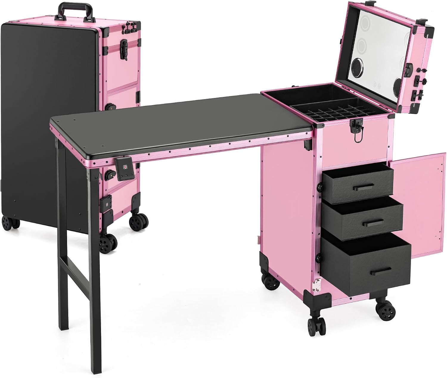 Portable Manicure Table 3 Drawers, Rolling Lockable Makeup Train Case with Blueteeth Speaker and Nail Polish Organizer, Foldable Nail Desk with Mirror & TSA Lock for Nail Tech and Salon Use