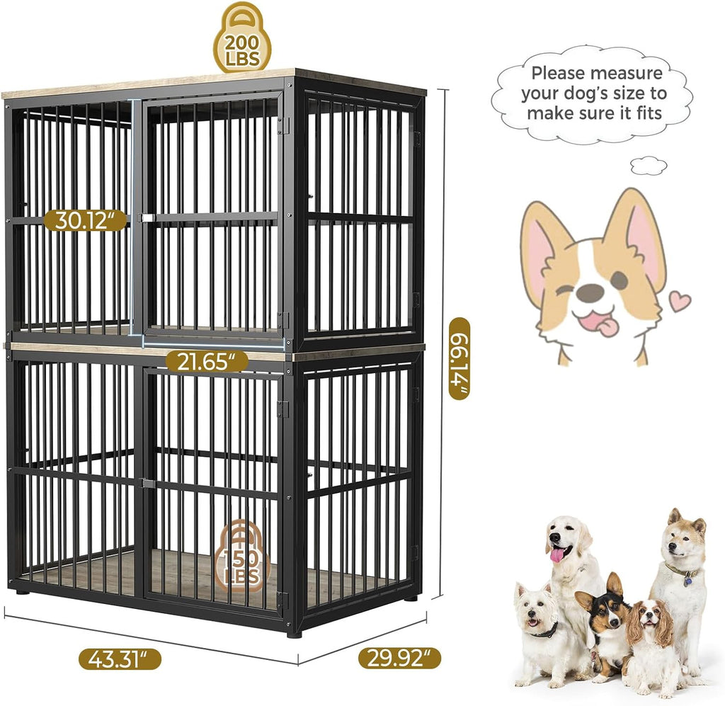 Lyromix 43'' Stackable Dog Crate Furniture Large Breed with Double Rooms,Wooden Dog Crate Heavy Duty Dog Kennel Indoor with Removable Divider for Small to Medium Dogs, Can Use Separately