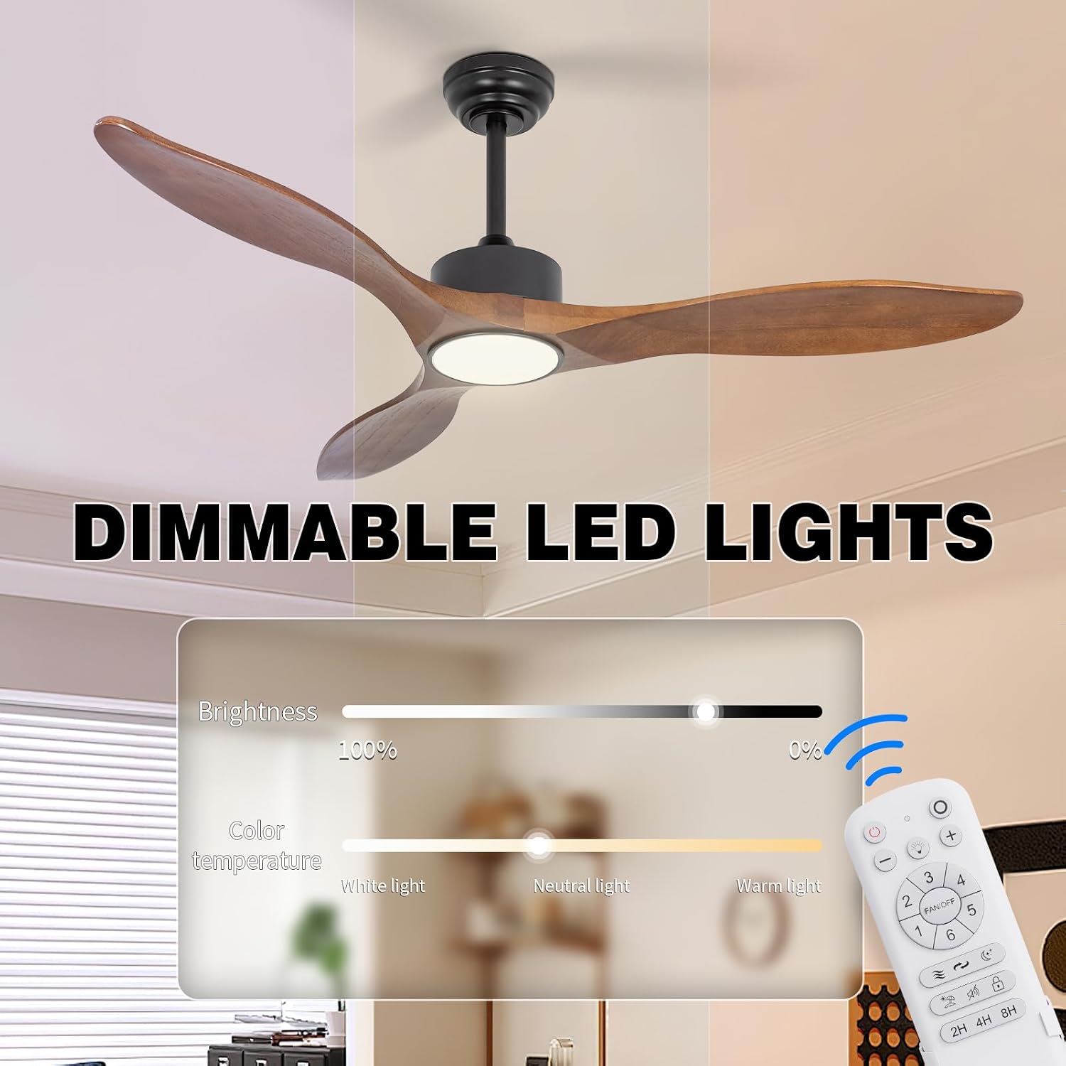 52 Inch Brown Wood Ceiling Fan with Light and Remote, 6 Speed and Reversible DC Motor, 3 Blade Low Profile Flush Mount Mordern Wood Ceiling Fans for Living Room Bedroom Outdoor Patio