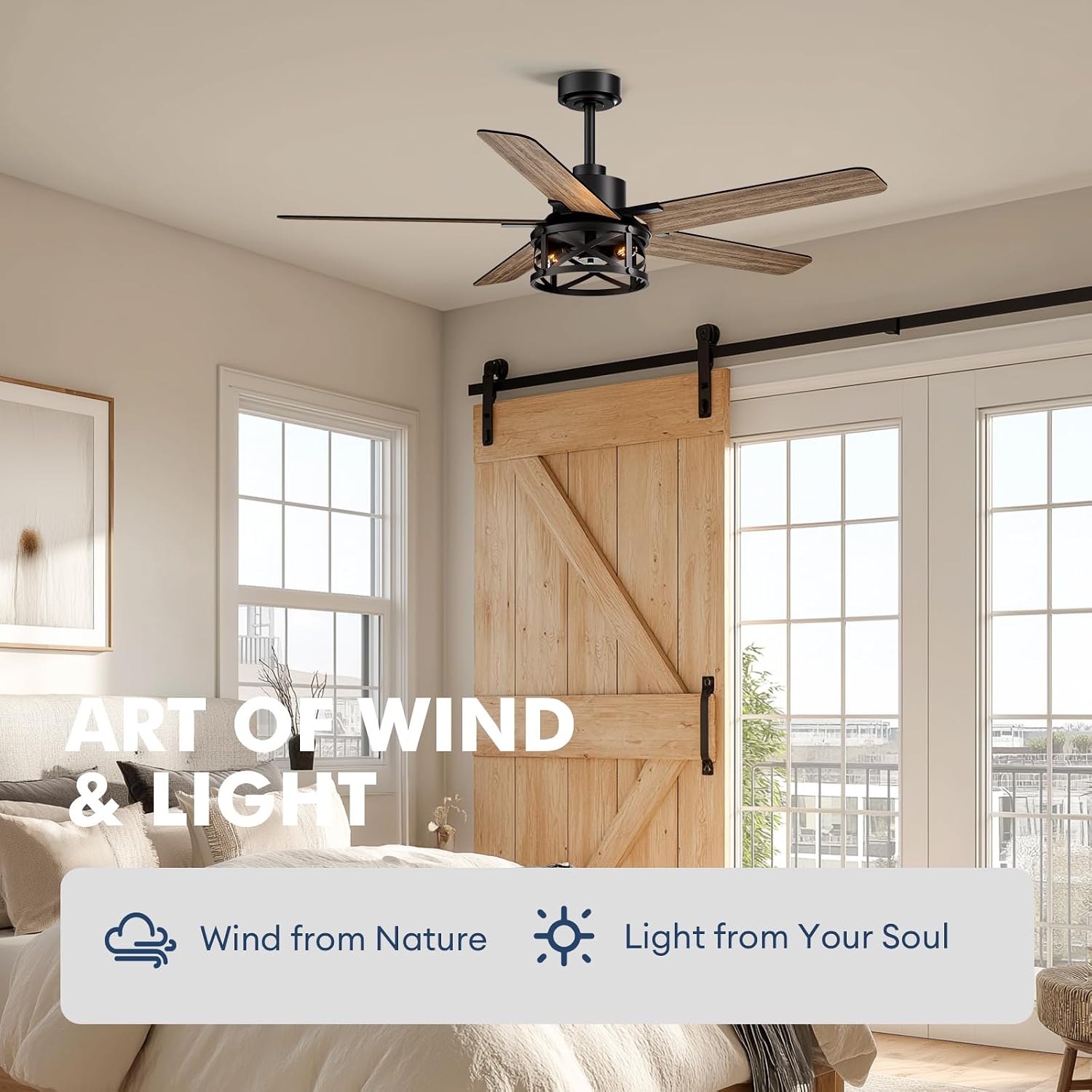 52 Inch Ceiling Fans with Lights and Remote Control, Low Profile Farmhouse Ceiling Fan for Bedroom Living Room and Patio, Black Caged Ceiling Fan for Indoor and Outdoor（NO BULBS）