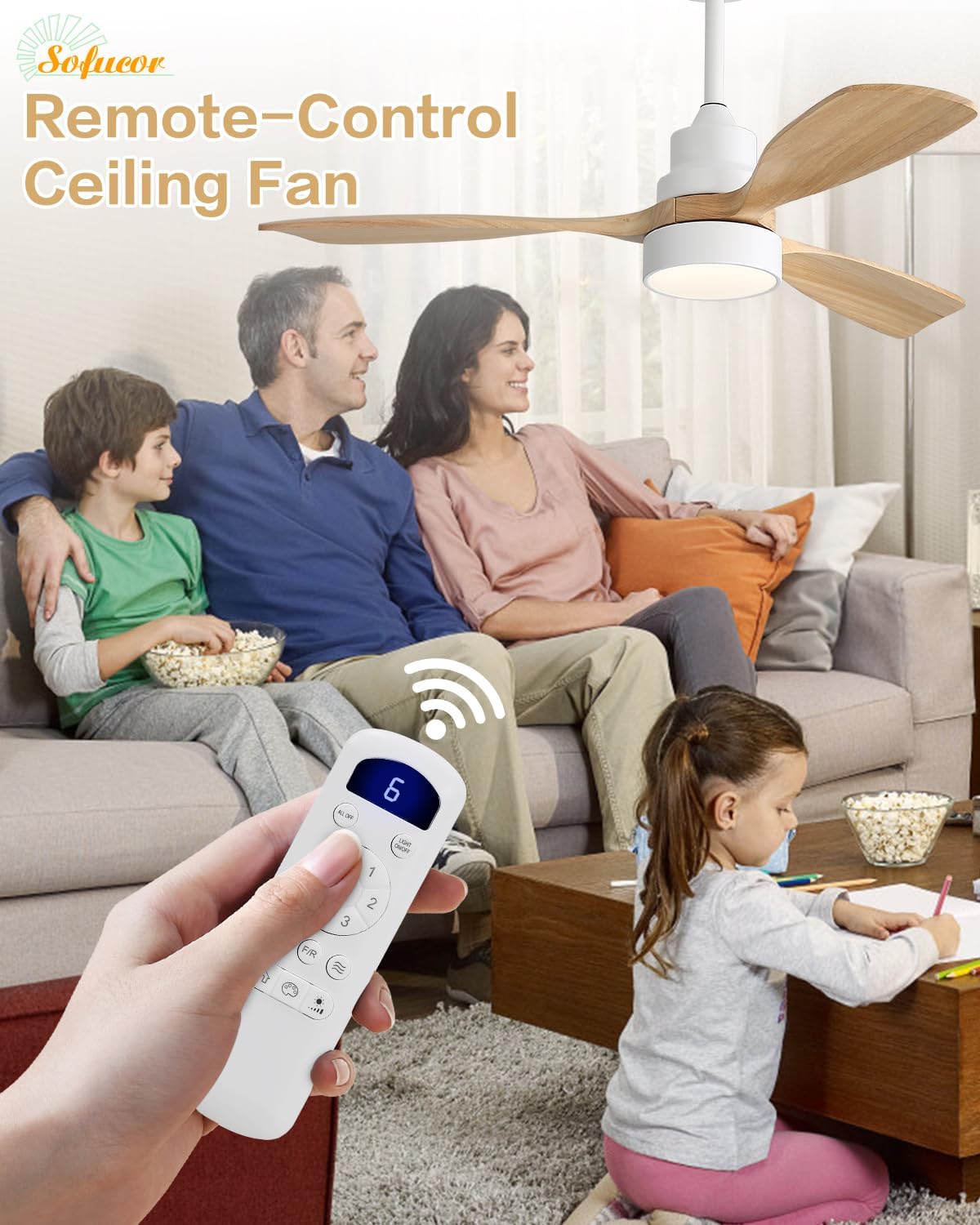 Sofucor 48 Inch Ceiling Fans with Lights and Remote Control-Modern Flush Mount&Downrod Mount Ceiling Fan for Bedroom Living Room Indoor Outdoor Farmhouse Patio, Timer Quiet DC Motor,White&Natural Wood