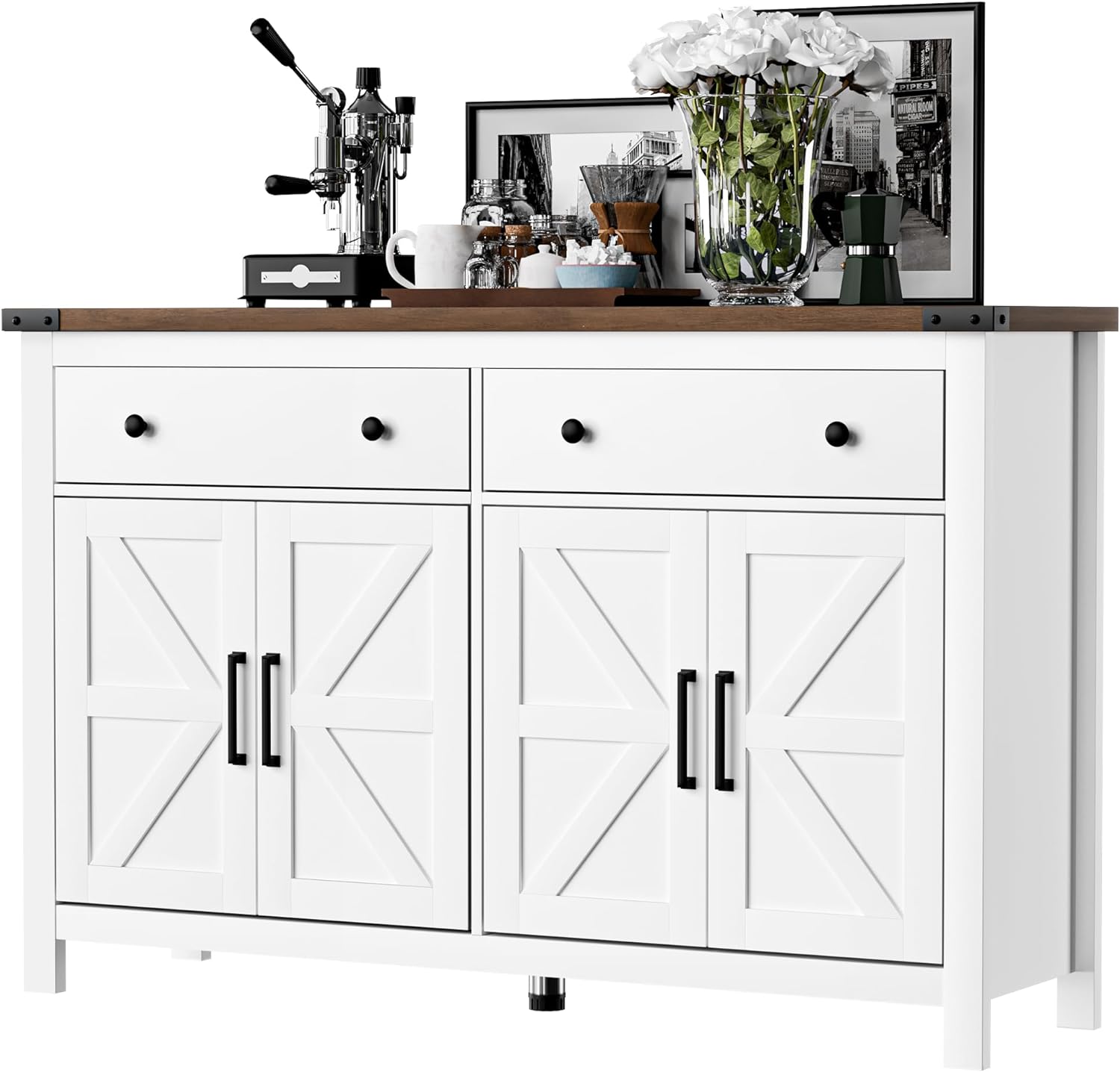 VVFLU 55' Modern Farmhouse Buffet Cabinet with Storage, Coffee Bar Cabinet with 2 Drawers and 4 Barn Doors, Sideboard Storage Cabinet for Kitchen, Dining Room, Living Room, White Wood