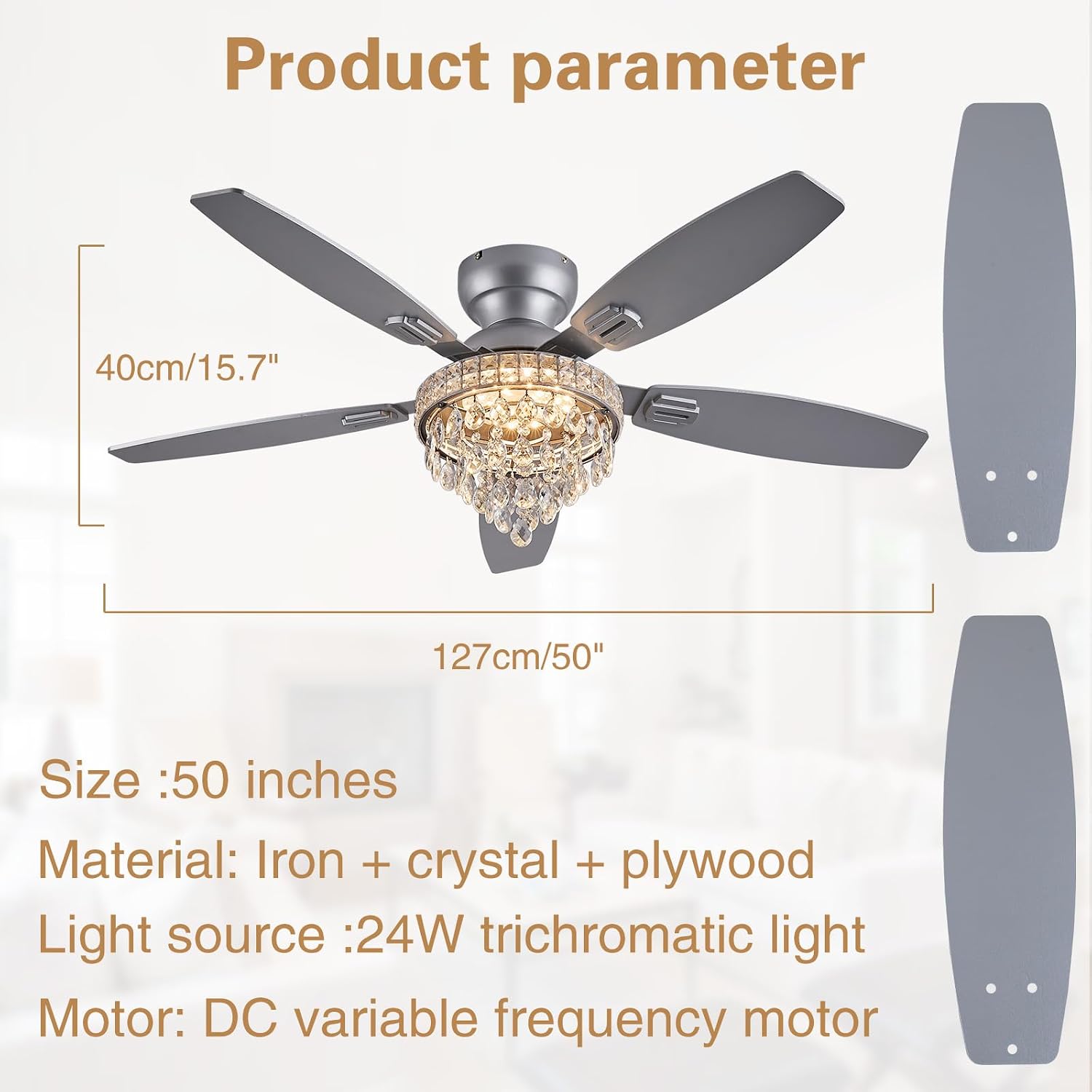 Crystal Ceiling Fan Fandelier with Lights-Ceiling Fans with Lights,50' Low Profile and Remote Control, Flush Mount, Reversible, Dimmable, Noiseless, Sliver Ceiling Fan for Bedroom
