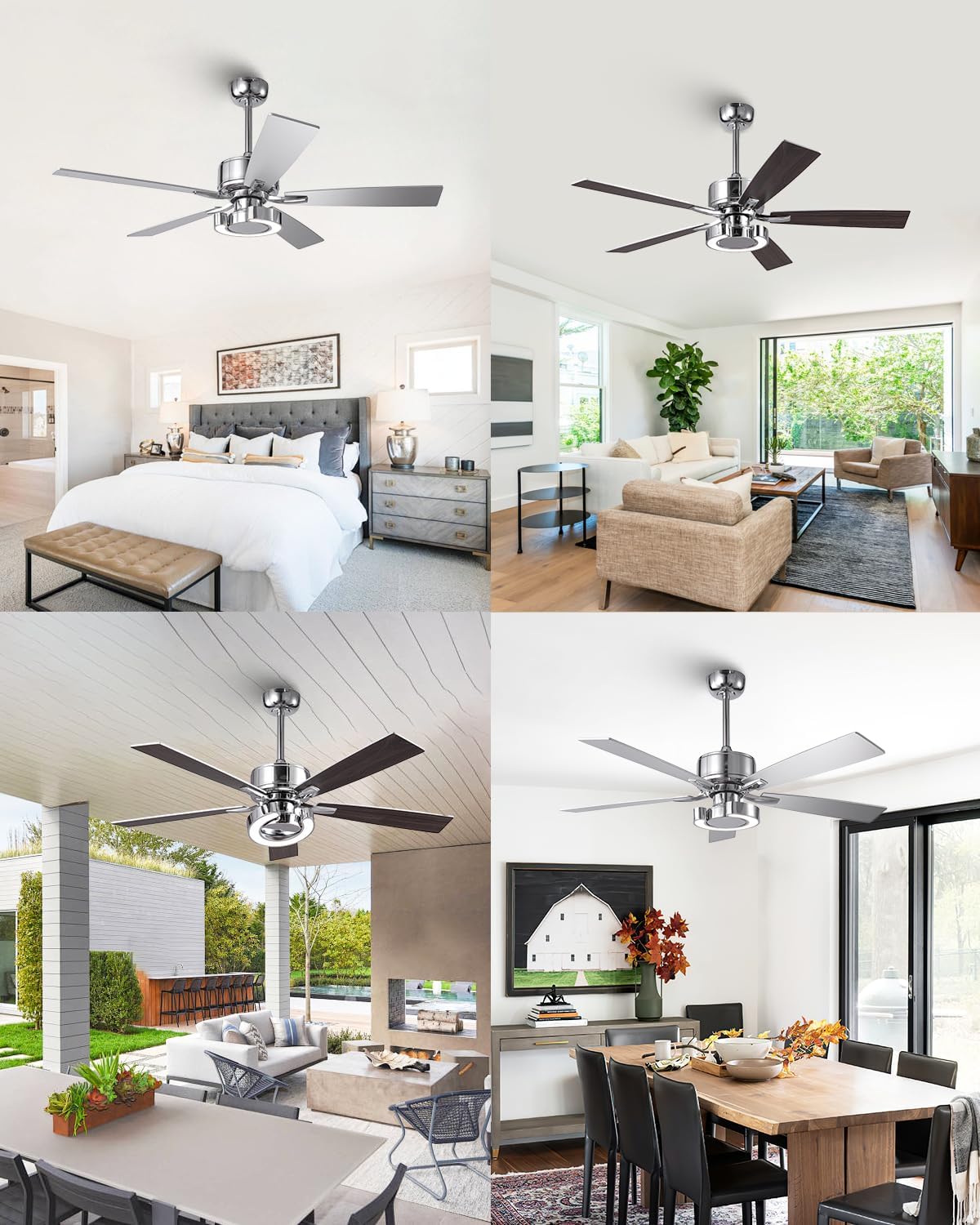 52 Inch Silver Ceiling Fans with Lights, Creative Modern Ceiling Fan and Remote for Bedroom Living Room with 3CCT, 6 Speeds, Quiet, Dual-Sided Reversible 5 Blades Indoor Outdoor Chandelier Fan