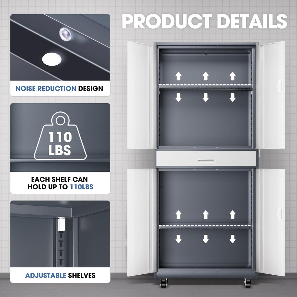 DNA Motoring 73'' Metal Storage Cabinet, Rolling Garage Cabinet with 1 Drawer and Adjustable Shelves, Lockable Heavy Duty Metal Locker for Garage,Office,Home,Gray White, TOOLS-00630-GY-WH-A