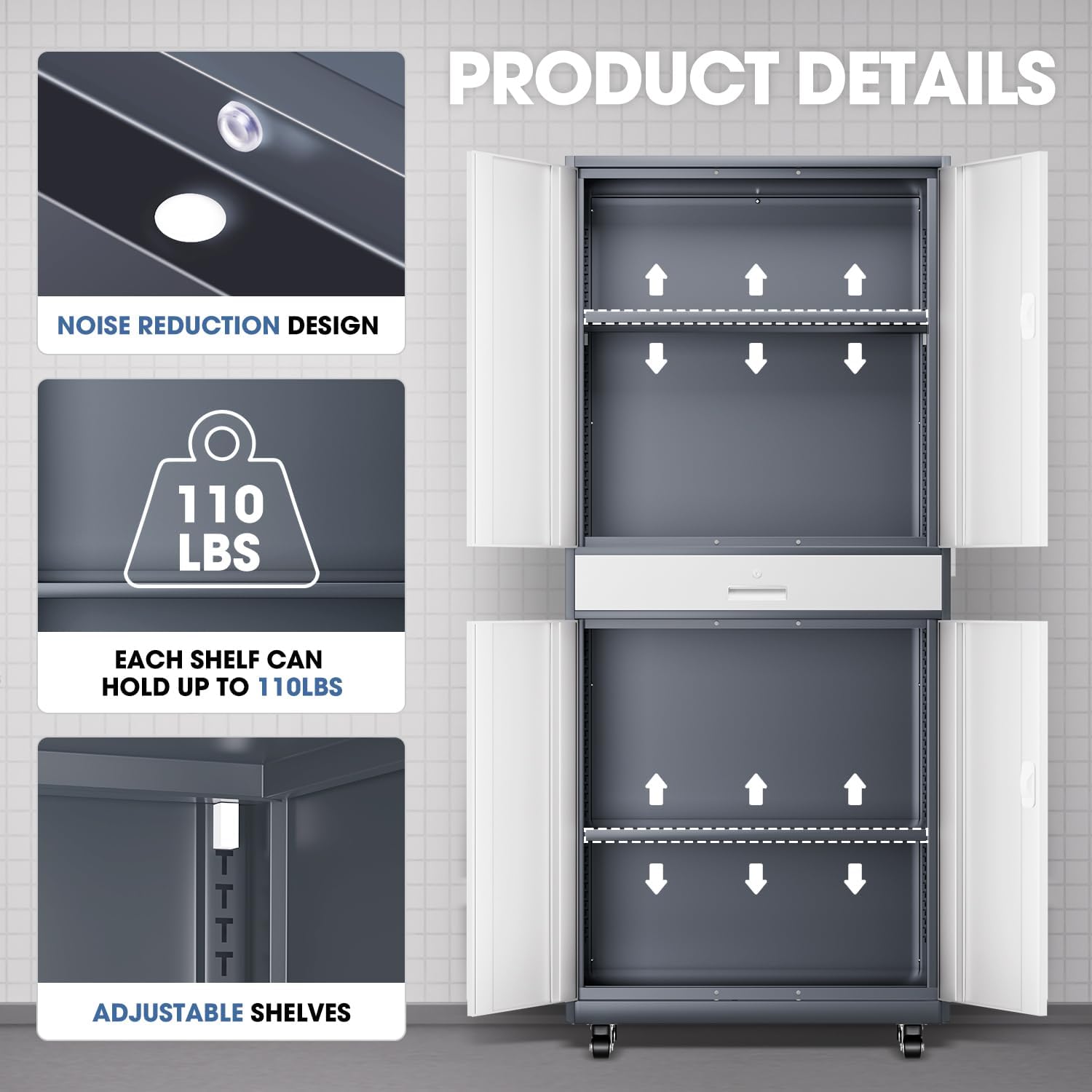 DNA Motoring 73'' Metal Storage Cabinet, Rolling Garage Cabinet with 1 Drawer and Adjustable Shelves, Lockable Heavy Duty Metal Locker for Garage,Office,Home,Gray White, TOOLS-00630-GY-WH-A