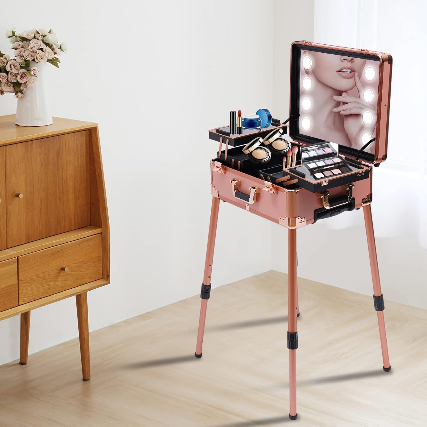 Aluminum Trolley Makeup Train Case with LED Light & Mirror,Professional Cosmetic Travel Box with Retractable Legs, Rolling Lighted Makeup Vanity Station for Travel (Rose Gold)