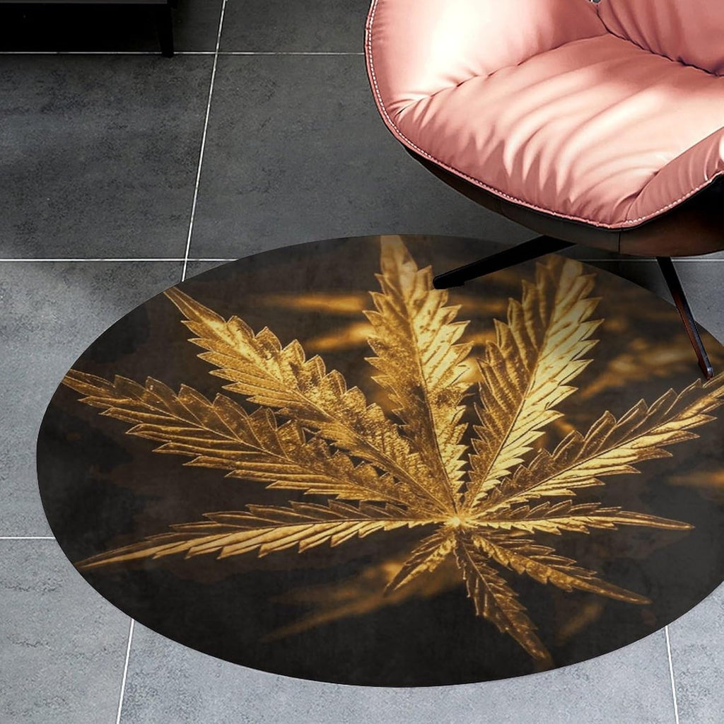 Golden Cannabis Coral Velvet Round Floor Mat Non-Slip Bath Rug Floor Covering for Bathroom Vanity Guest Suite & Vacation Home