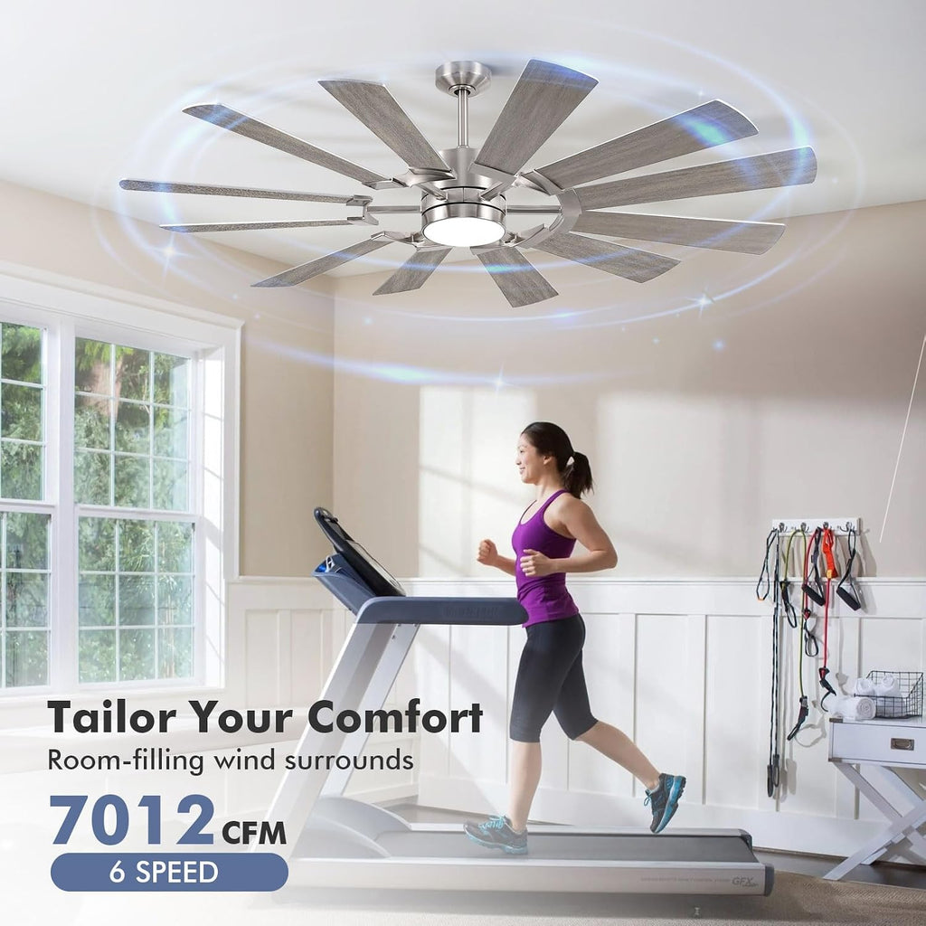 62 Inch Ceiling Fan with Light Remote, Modern Farmhouse Industrial 12 Blade(Sliver/Oak), High CFM Quiet Reversible DC Motor, Damp Rated Indoor Outdoor Ceiling Fans for Patios Garage Porch Barn Gym