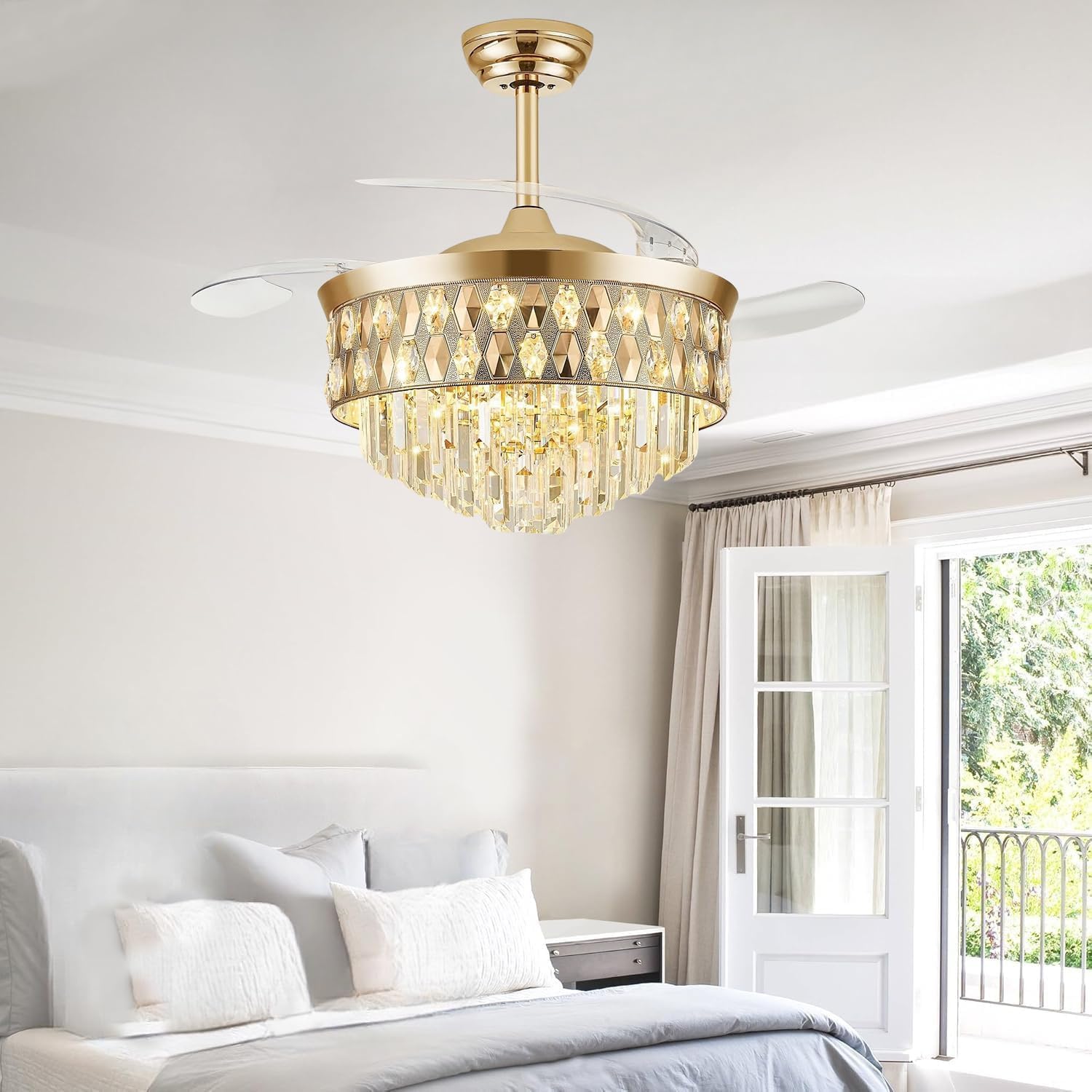 52 Inch Fandelier Ceiling Fan with Light, Chandelier Fan, Retractable Crystal Ceiling Fan Dimmable LED, 3 Color Temperatures, 6 Speeds, for Bedroom & Living Room