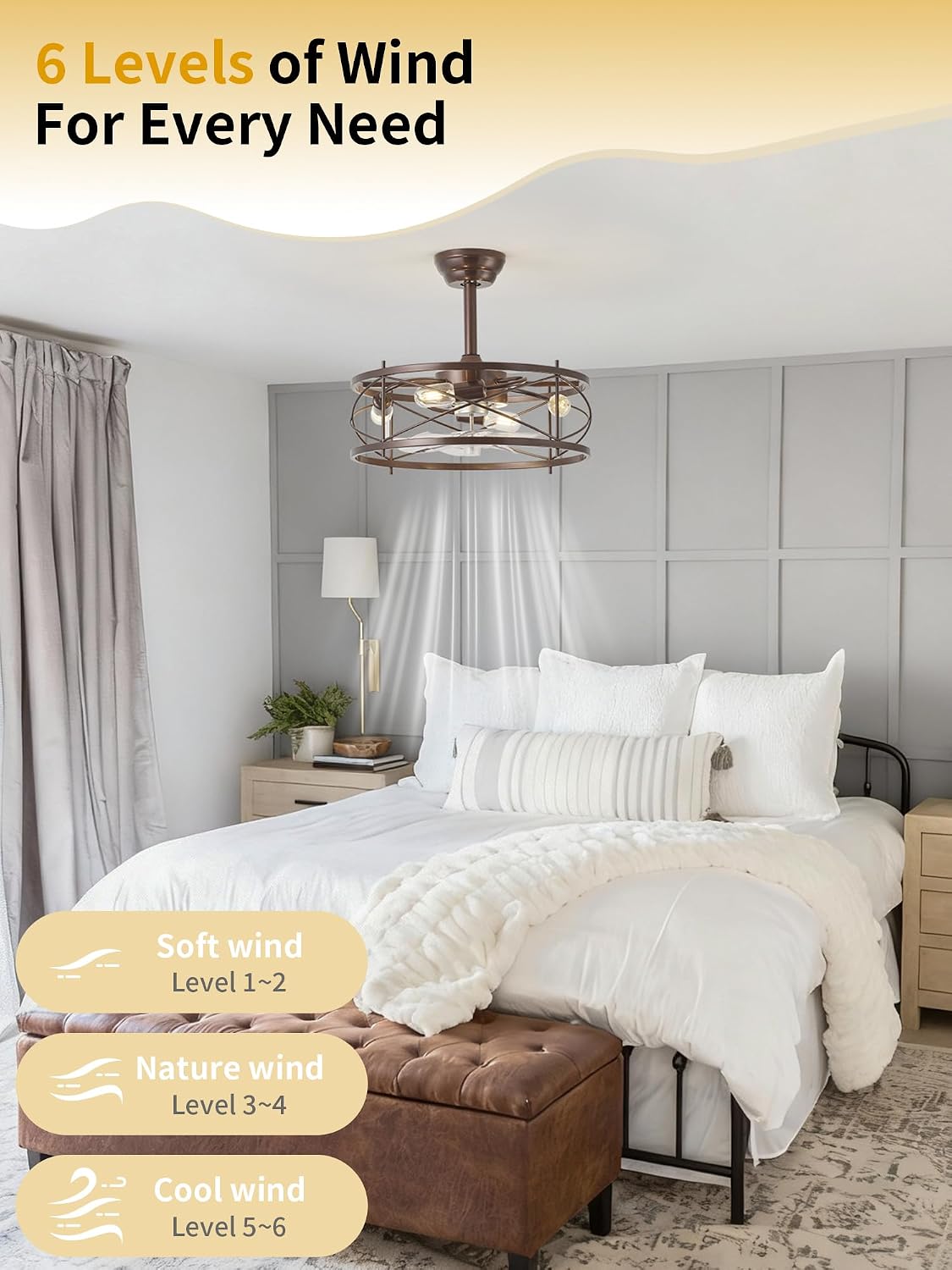 20' Farmhouse Fandelier Ceiling Fan with Light, Caged Bladeless Ceiling Fans with Lights and Remote, Rustic Small Enclosed with 6 Speeds for Bedroom, Kitchen, Living Room, Brown