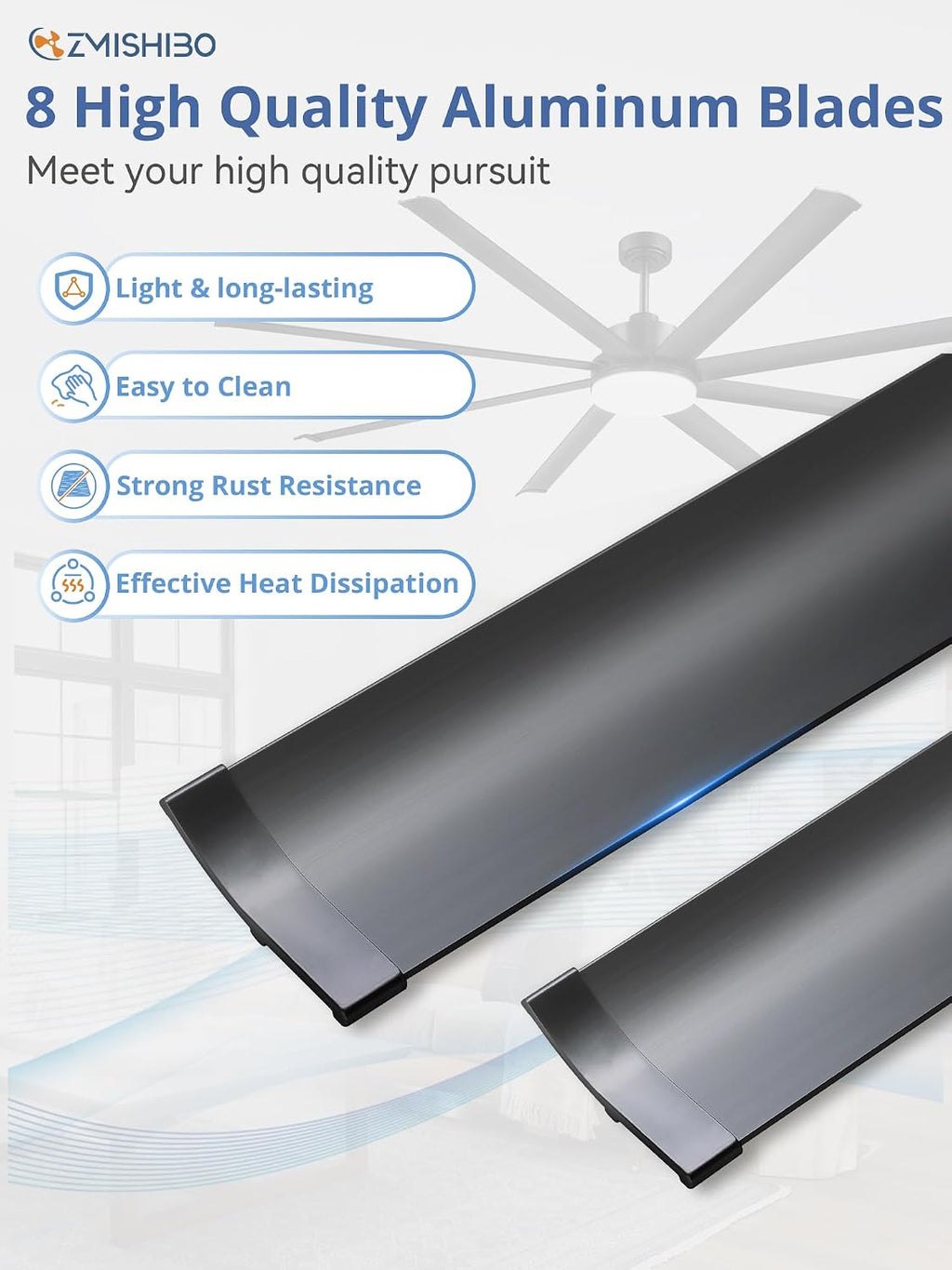 ZMISHIBO 84 Inch Ceiling Fan with Light, Smart Fan Light Compatible with Alexa, 3000-6000K Dimmable, 6 Speeds, Large Industrial Ceiling Fans with 8 Black Aluminum Blades for Patio Living Room