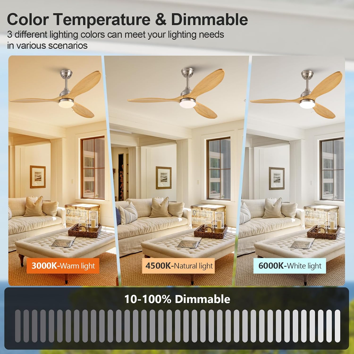 52 Inch Solid Wood Outdoor Ceiling Fans with Lights and Remote,3 Natural Wood Blades,Dimmable,6 Speed Quiet DC Motor, Indoor Outdoor Ceiling Fan for Patios Bedroom Living Room