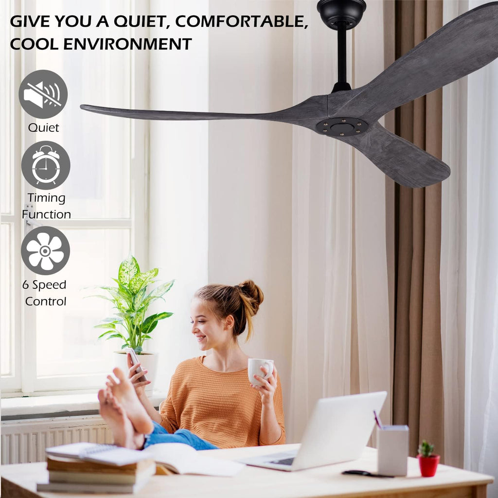 60 Inch Ceiling Fan without Light ，Wood Indoor Outdoor Ceiling Fans No Light for Patios Big Outside Farmhouse Ceiling Fan for Living Room Dining Room (Grey)