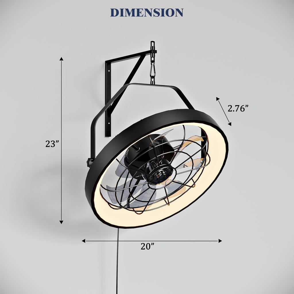 20' Wall Mount Fan with Light | Plug in - 3CCT Dimmable LED, 6-Speed, Smart Remote & APP Control, Ceiling & Wall Mount，Indoor & Outdoor for Patio, Garage, Living Room, Workshop（Metal Frame）