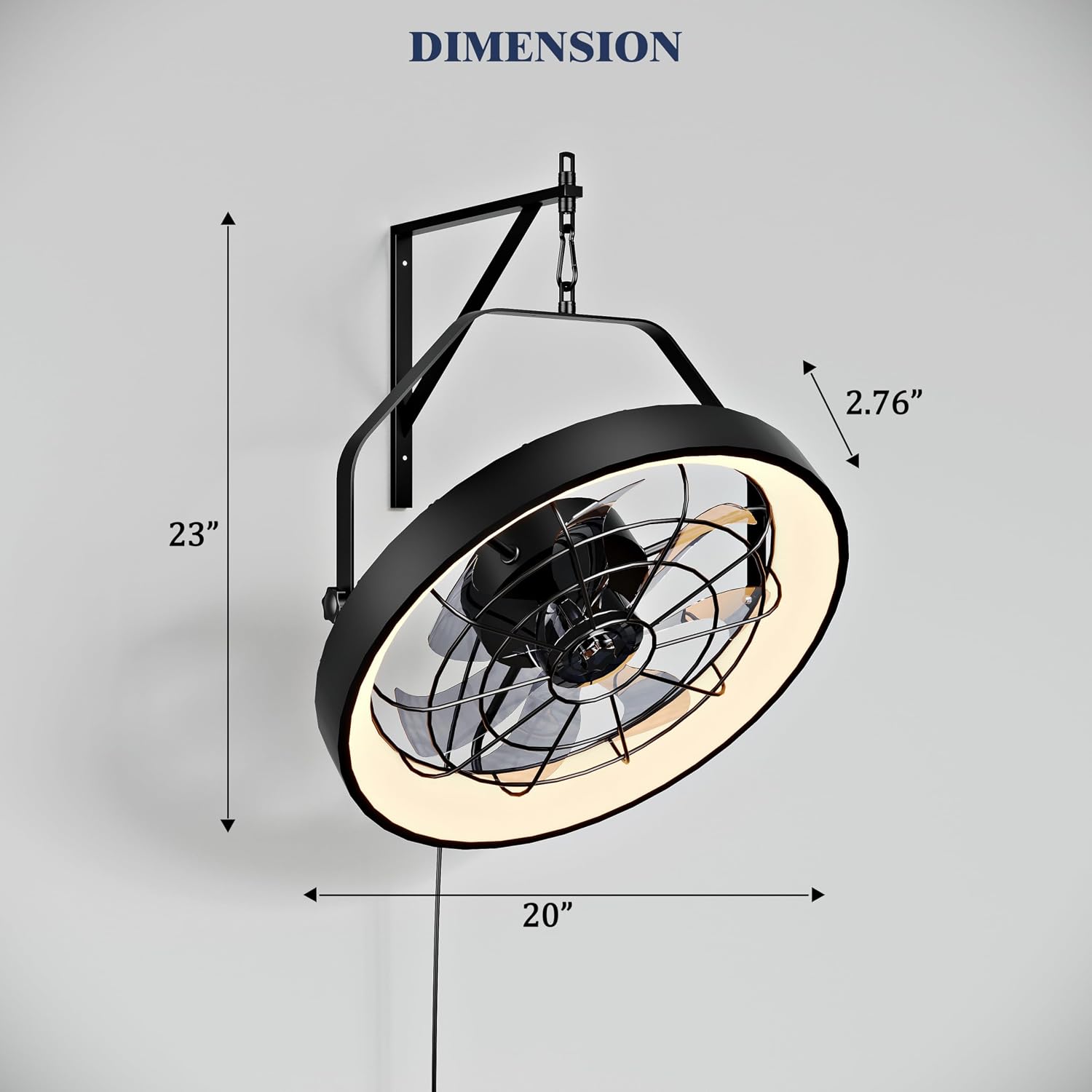20' Wall Mount Fan with Light | Plug in - 3CCT Dimmable LED, 6-Speed, Smart Remote & APP Control, Ceiling & Wall Mount，Indoor & Outdoor for Patio, Garage, Living Room, Workshop（Metal Frame）