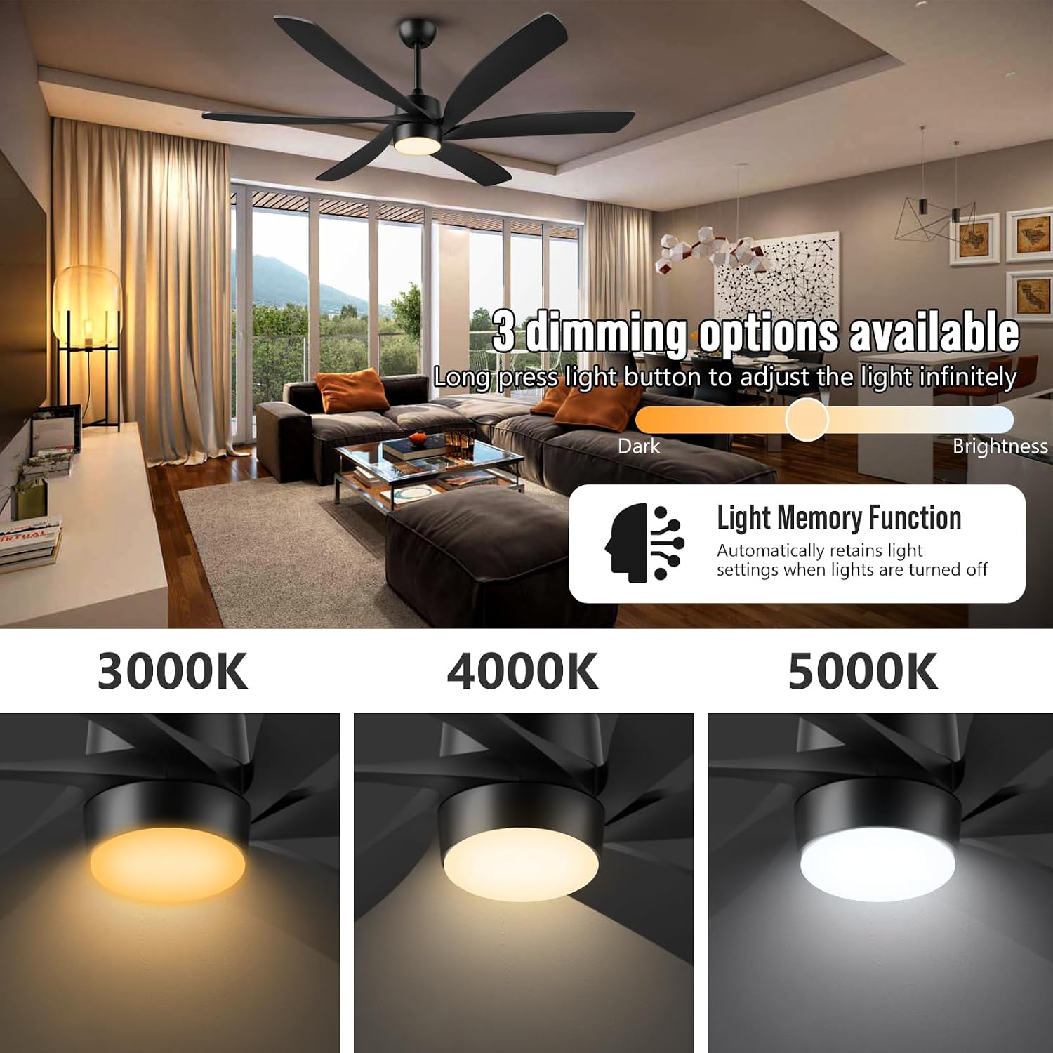 64 Inch Outdoor Ceiling Fan with Lights, All Weather Wet Rated, Modern Black Ceiling Fan, High CFM Quiet Energy Efficient DC Motor, for Large Indoor Living Room & Covered Patio Gazebo Porch