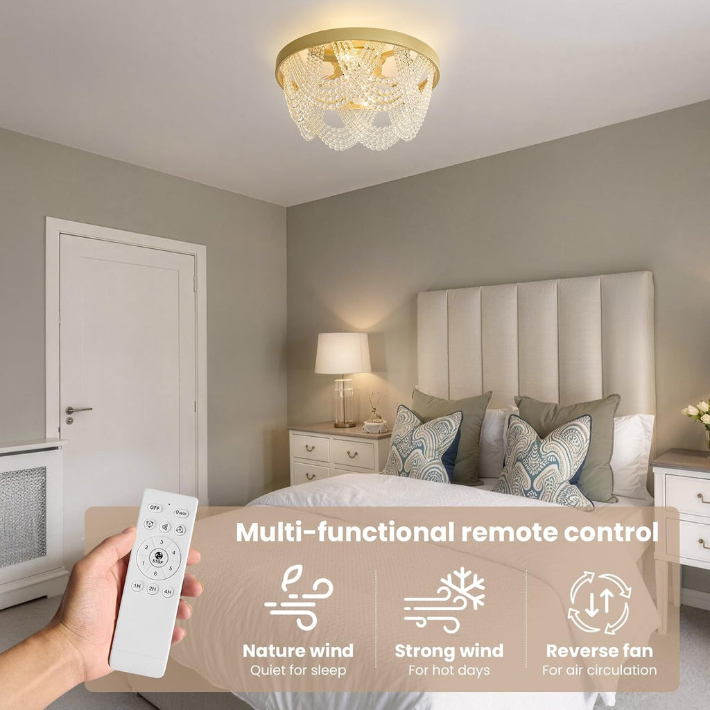 Crystal Caged Ceiling Fans with Lights Flush Mount, 20 inch Crystal Fandelier Ceiling Fan with Light and Remote, Chandelier Modern with Lights for Bedroom, Dining Room, Living Room