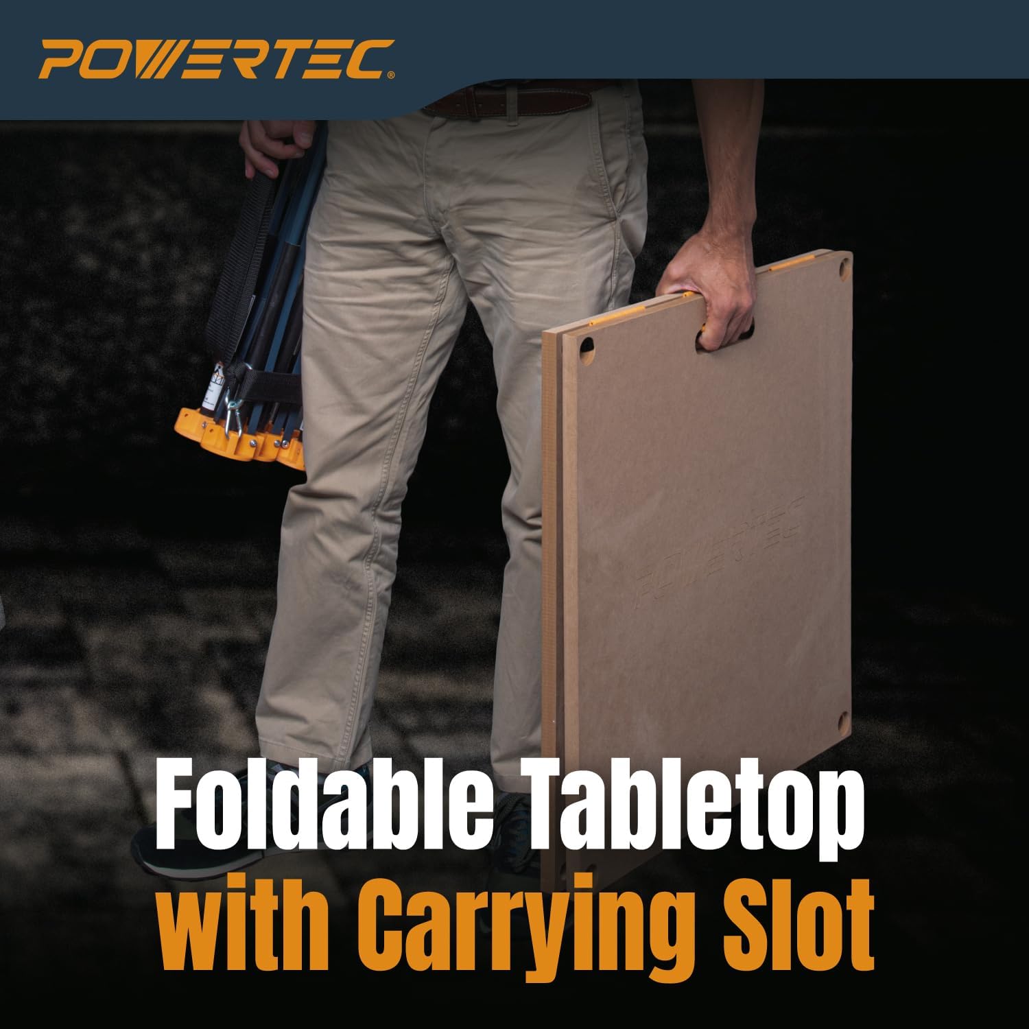 POWERTEC 72303 Arachni Flex 24' x 48' Foldable Workbench Tabletop w/2PCs Bench Dog Clamps for 3/4' Dog Holes- Portable Work Surface w/Pre-drilled Dog Holes & Quick-Insert Locks for Workstand