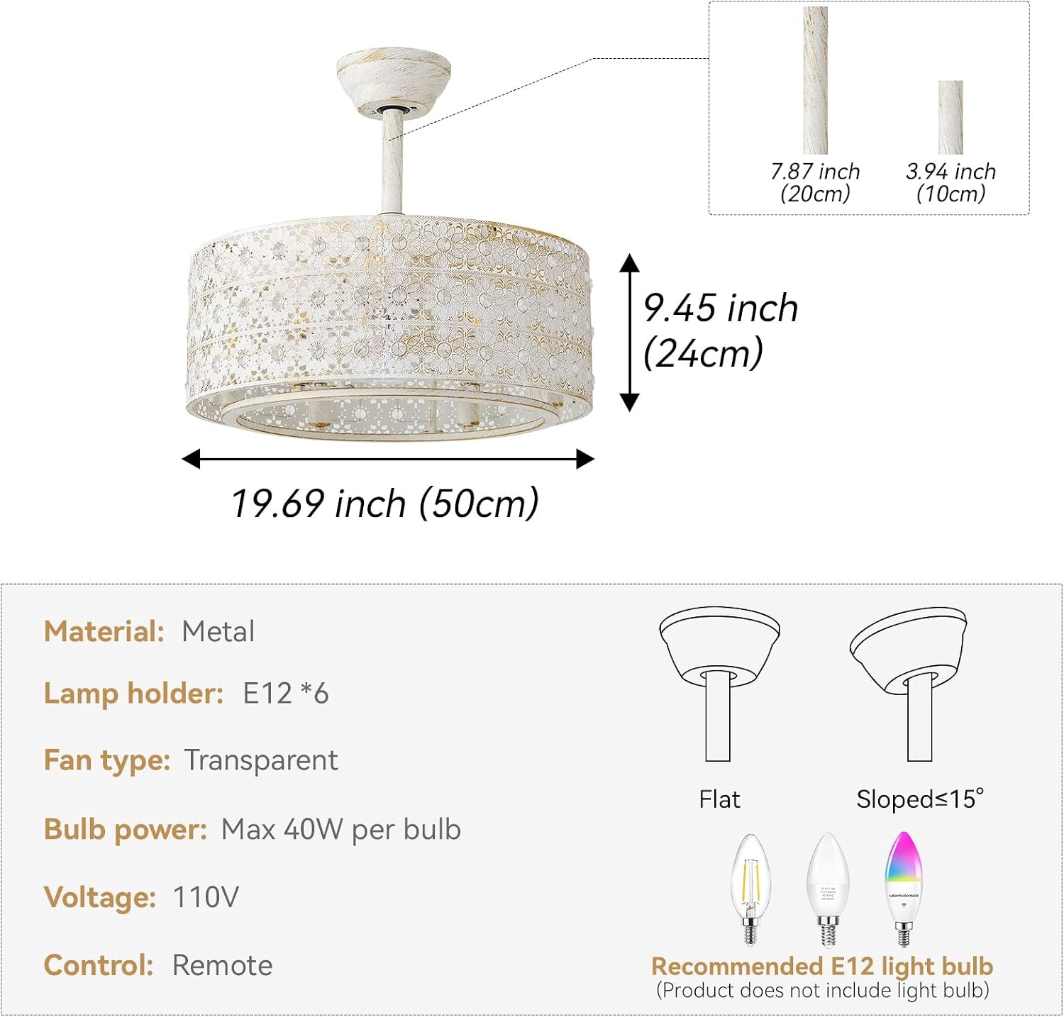 20' Boho Ceiling Fans with Lights, Gold Crystal Fandelier Ceiling Fan with Light Remote Control, Cage 6-Speed for Bedroom, Nursery, Foyer, Living Room