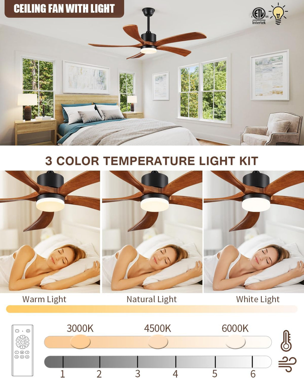 52 Inch Ceiling Fans with Lights Remote Control, 5 Blade Wood Ceiling Fan for Outdoor, 3 Downrods, ETL Listed, Timer, 6 Speeds Noiseless Quiet DC Motor Fan for Patio Bedroom, Yellow Walnut