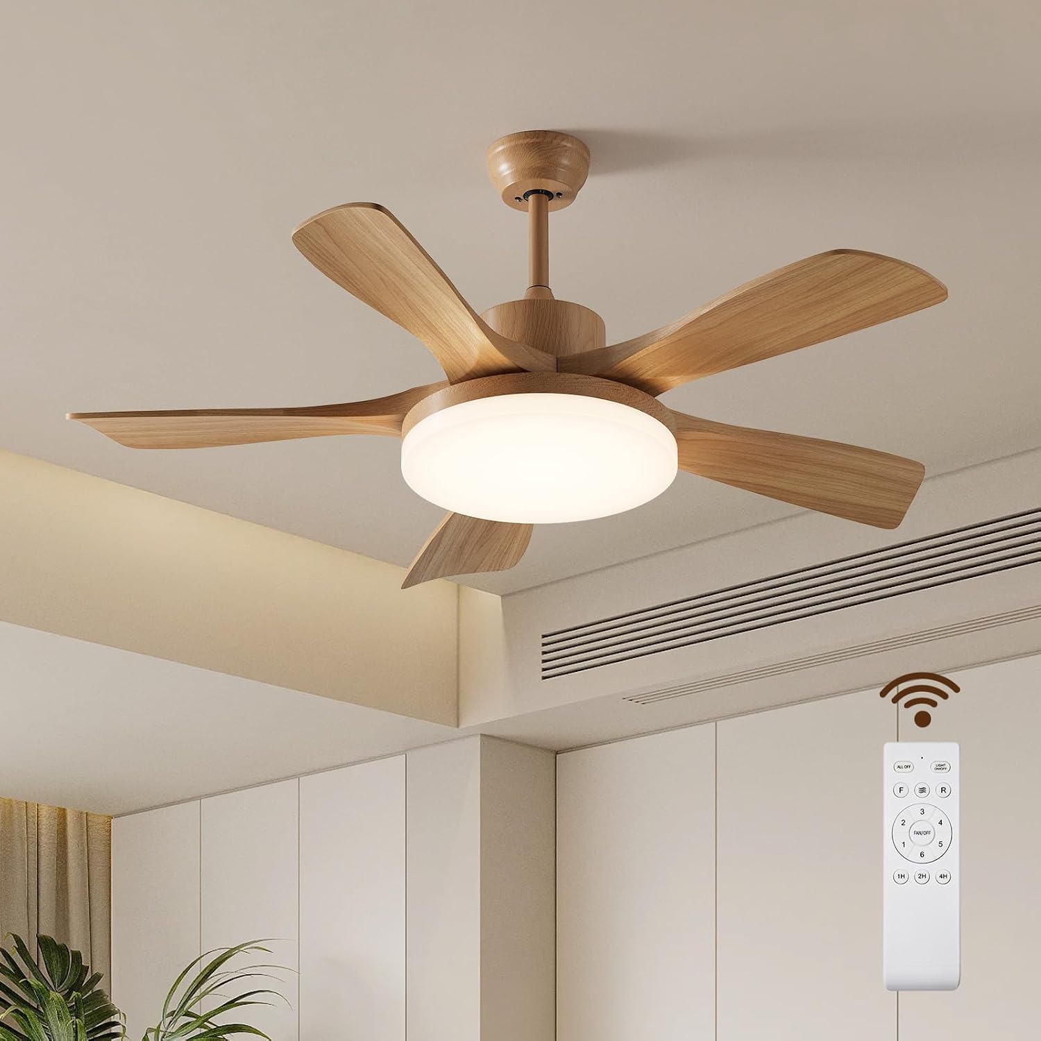 46 Inch Wood Ceiling Fan with Remote, Solid Wood 5 Blade Ceiling Fan with Light, Burlywood Rustic Flush Mount for Patios, Living Room, Dining Room, Bedroom, Farmhouse