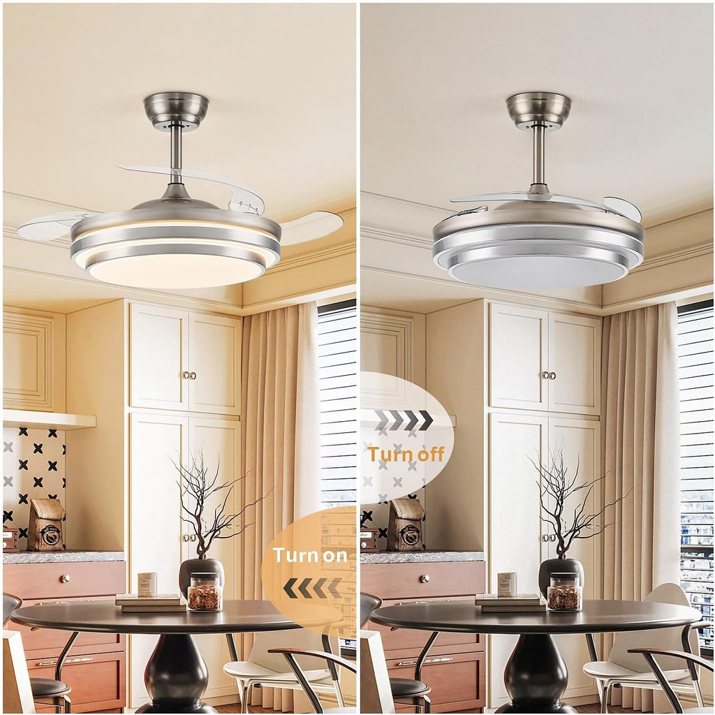 FIDGRA 48 Inch Fandelier Ceiling Fan with Light, Retractable Ceiling Fan with Lights for Bedroom Living Room Dinning Room, Chandelier with Fan 6 Speed, 3 Color Temperature-Brushed Nickel