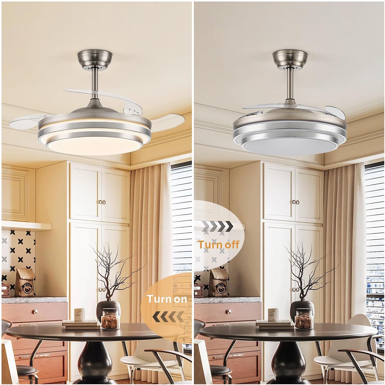 FIDGRA 48 Inch Fandelier Ceiling Fan with Light, Retractable Ceiling Fan with Lights for Bedroom Living Room Dinning Room, Chandelier with Fan 6 Speed, 3 Color Temperature-Brushed Nickel