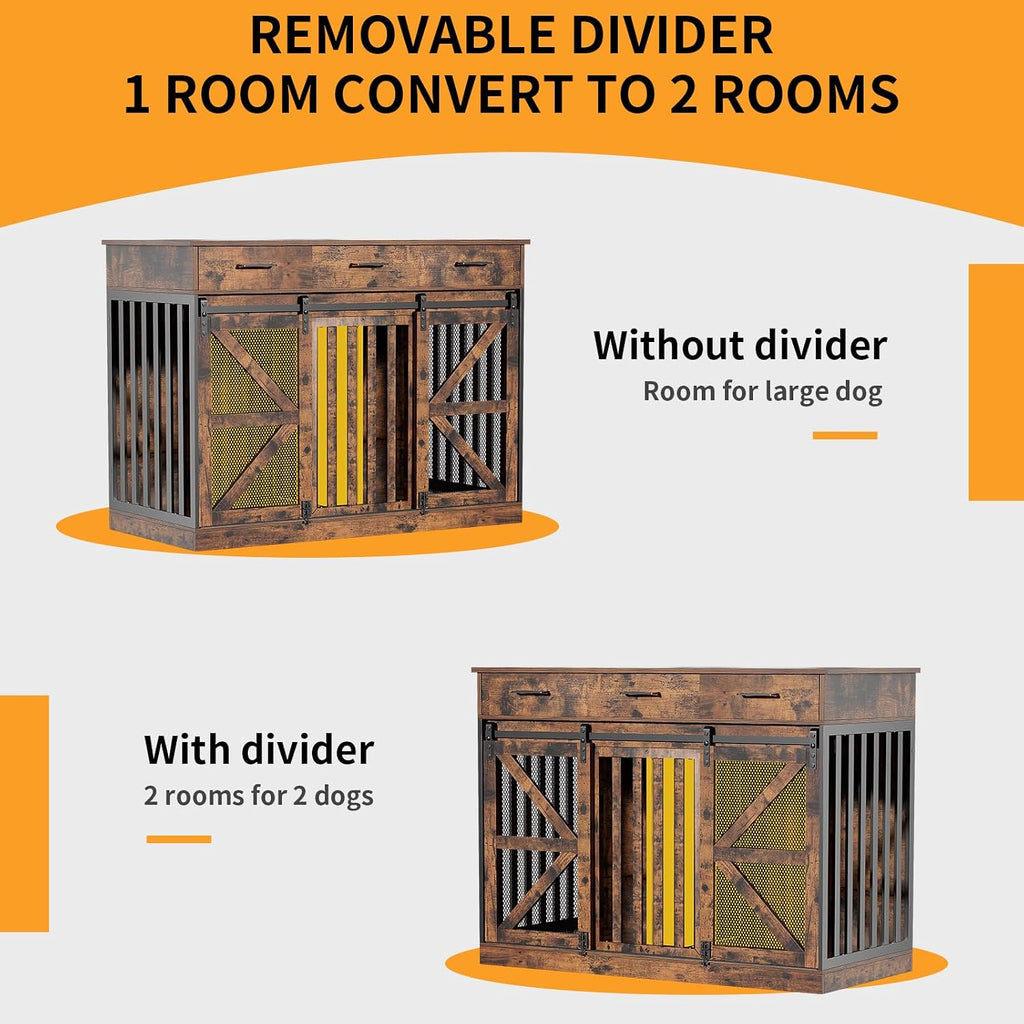 kepptory 48 Inch Large Dog Crate Furniture with 3 Storage Drawers, Wooden Pet Kennel with Removable Divider, Dog Kennel End Table TV Stand, Farmhouse Style Dog Crates with Sliding Barn Door (Brown)