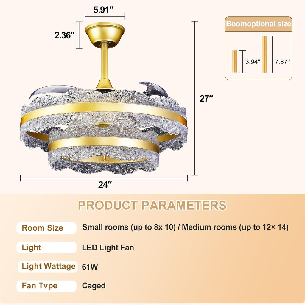 Depuley Fandelier Ceiling Fans with Lights: 24' Gold Cagd Fan with Remote Control - Crystal Chandelier Fan Light for Girl's Bedroom Living Room Nursery