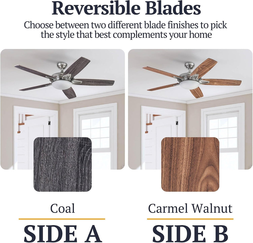 Prominence Home Clancy, 52 Inch Contemporary LED Ceiling Fan with Integrated Dome Light, Remote Control, Dual Mount, 5 Reversible Dual-Finish Blades - 51482-01 (Brushed Nickel)