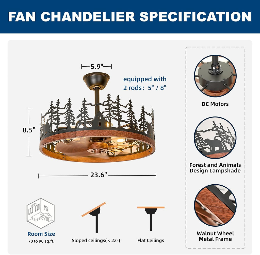 23.6 Inch Farmhouse Rustic Ceiling Fans with Lights, Vintage Walnut Wheels Flush Mount Bladeless Chandeliers Fan, Adjustable Height, Black Caged Fandelier Ceiling Fan Light for Living Room