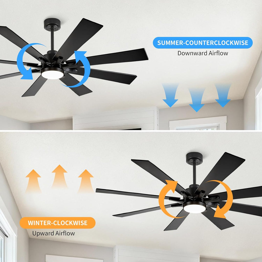 62 Inch Black Ceiling Fan with Light and Remote/APP Control, Outdoor Ceiling Fan for Patios, Ultra Quiet DC Reversible Motor, 6 Speed, Dual Finish 8 Blades Ceiling Fans for Indoor Exterior
