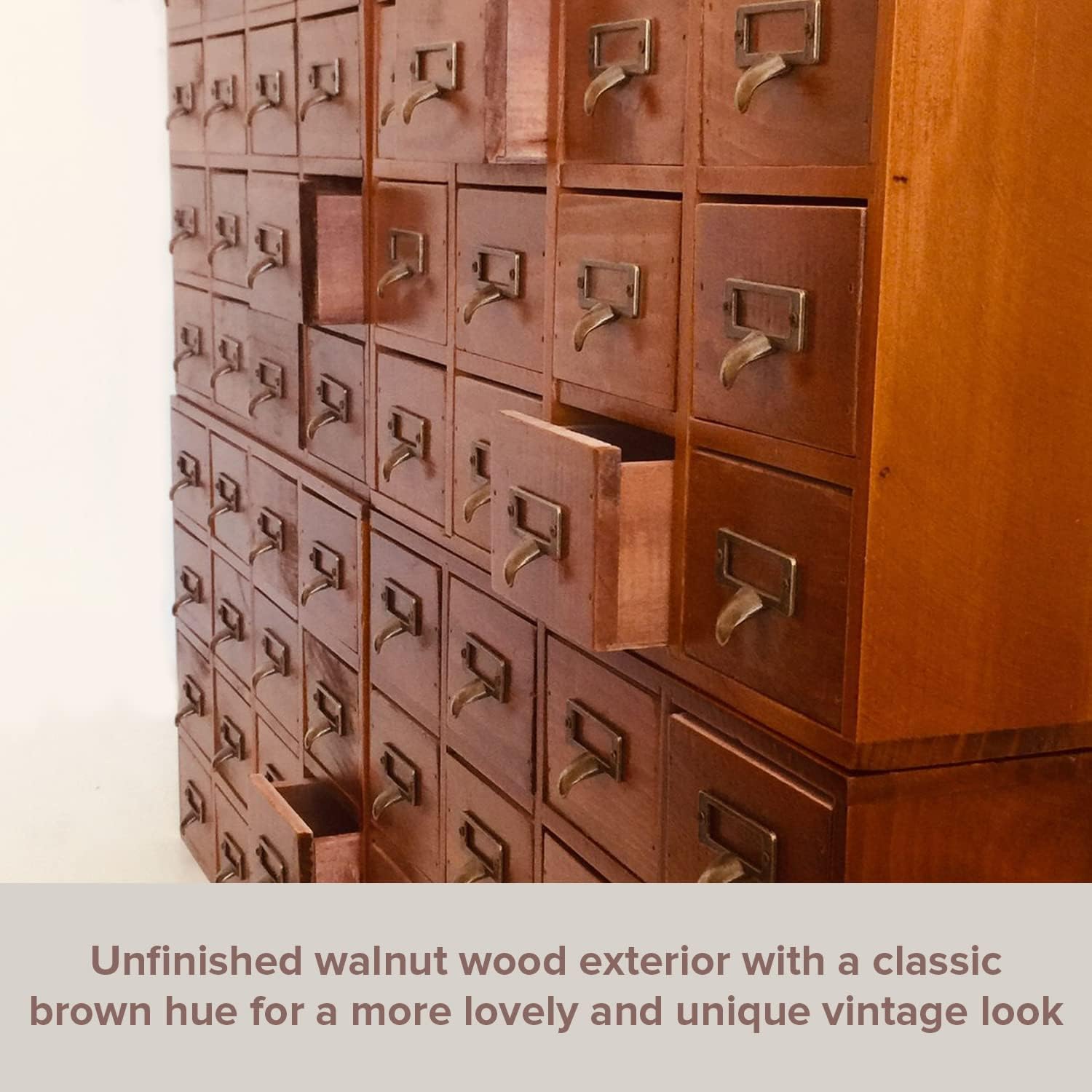 Huge Modular Stackable Against Wall 64-Drawer Apothecary Curio Cabinet Vintage Wood - Card Catalog Library Desk Storage Box Drawer w/ Label Holders Handles - Multi Level Countertop and Craft Organizer