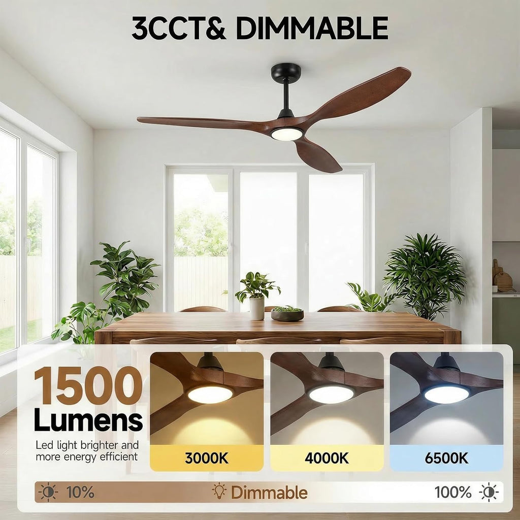 Skylike 52' Wood Outdoor Ceiling Fan with Lights, Propeller Farmhouse Ceiling Fan and Remote Control, 3 Blade Dark Walnut Ceiling Fan for Patio,Porch, Gazebo, Bedroom
